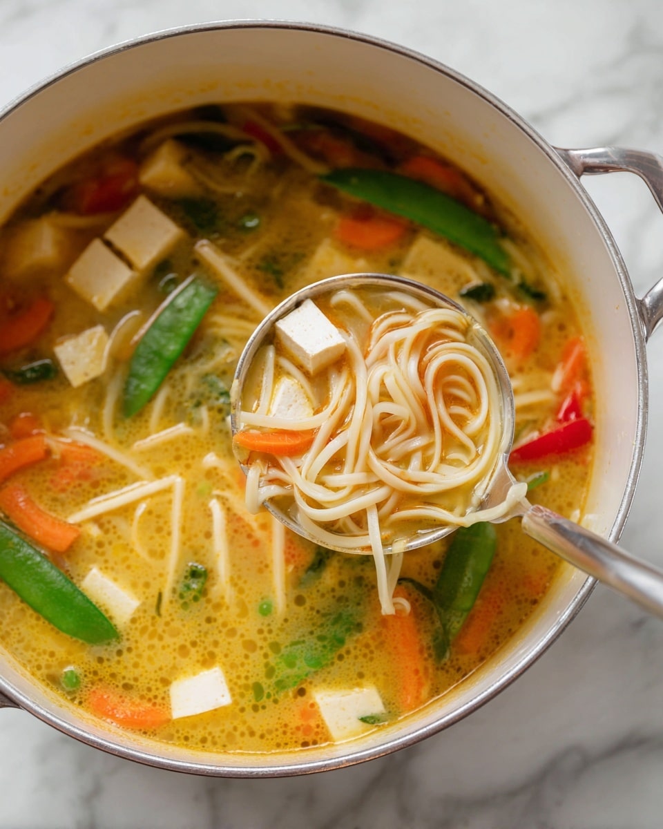 This image shows a pot of soup with several layers and colors. The bottom layer is light yellow broth with some bubbles on the surface. Floating in the broth are white noodles, white tofu cubes, bright green snow peas, orange carrot strips, and small red pieces, possibly bell peppers or tomatoes. A silver ladle is scooping some noodles, snow peas, and tofu from the soup. The pot is white inside with a metallic rim and is placed on a white marbled surface. The photo has a close-up view, highlighting the colors and textures clearly. photo taken with an iphone --ar 4:5 --v 7