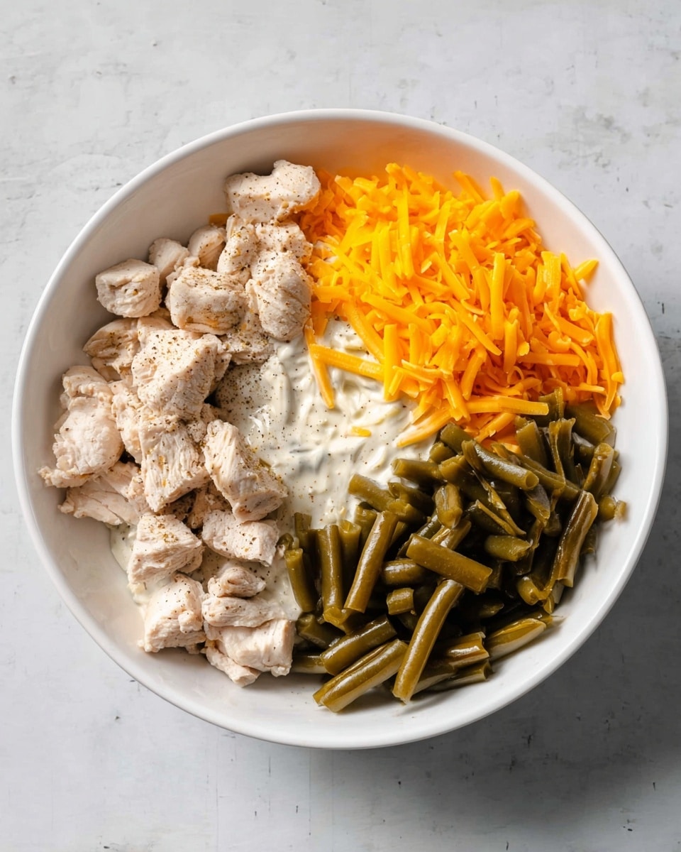 A white bowl on a white marbled surface holds four main parts arranged side by side with some mixing at the edges: on the left, small soft pieces of light brown cooked chicken seasoned with pepper; beside it in the center is a dollop of creamy white sauce spread under the other ingredients; in the middle on top of the sauce is a small pile of bright orange shredded cheddar cheese; and on the right, a pile of cooked dark green beans cut into segments. photo taken with an iphone --ar 4:5 --v 7