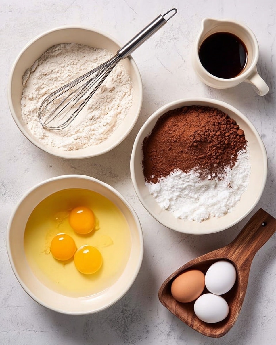 The image shows four white mixing bowls on a white marbled surface, each holding different ingredients for baking. The first bowl on the left contains flour with a metal whisk resting inside. The second bowl in the center has melted butter mixed with cocoa powder on top. The third bowl to the right holds four eggs and a large amount of white sugar, with the eggs sitting on one side of the sugar. A small white cup with a dark liquid, likely vanilla extract, is placed near the top right. The wooden handle of the bowl with cocoa and butter adds a natural contrast to the scene. Photo taken with an iphone --ar 4:5 --v 7