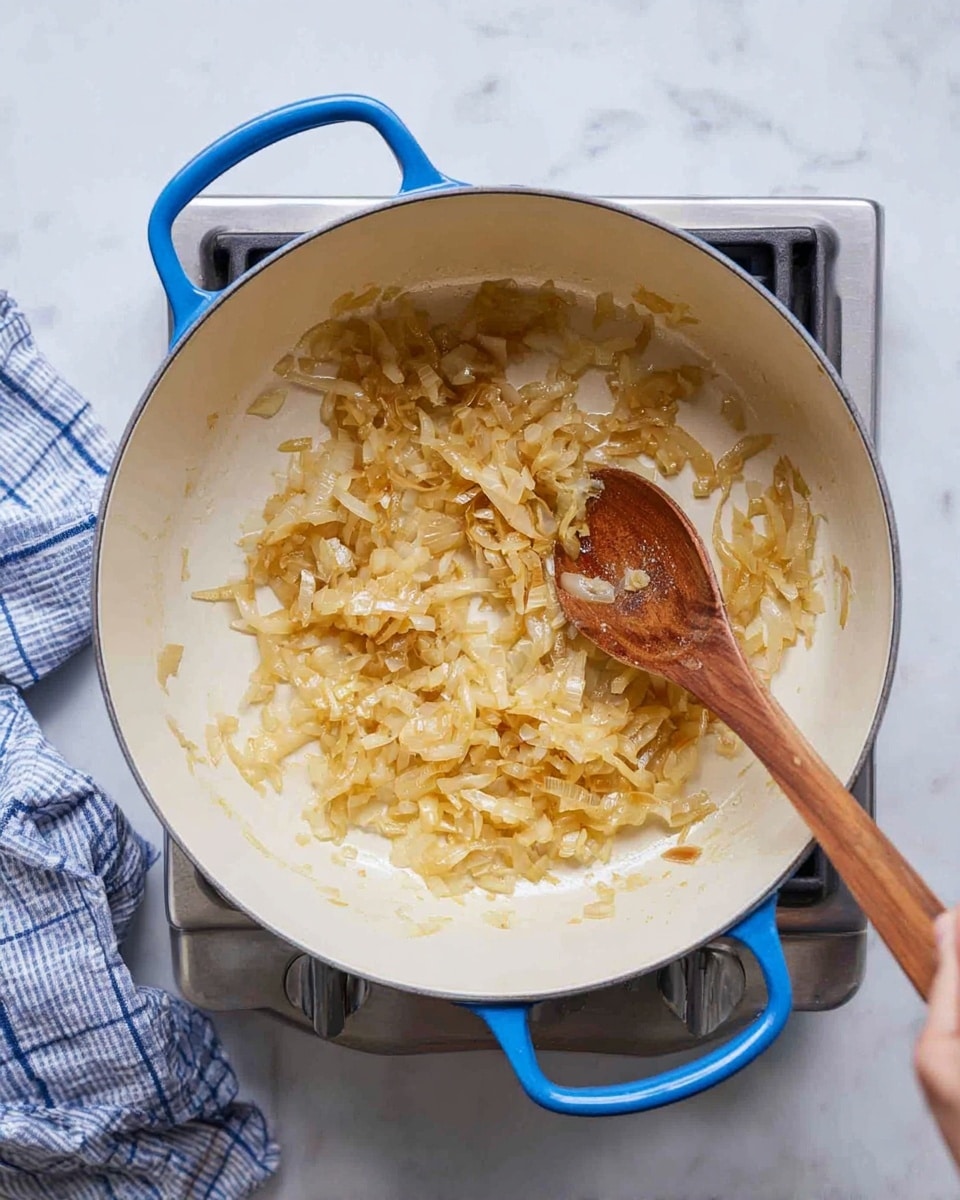 A top view shows a white pot with blue handles sitting on a stove with a wooden spoon inside. The pot contains cooked onions that are light brown, soft, and slightly translucent, spread unevenly in the center. The wooden spoon, held by a woman's hand, rests in the middle of the pot with some onions on it. The surface under the stove has a white marbled texture and a blue and white checkered cloth is visible in the top right corner. photo taken with an iphone --ar 4:5 --v 7