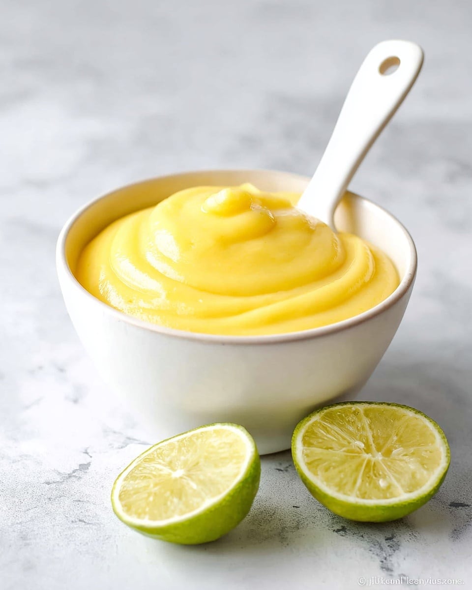 A white bowl filled with smooth, bright yellow lemon curd, which is thick and creamy with gentle swirls on top. A white spoon with a small hole near the handle is placed inside the bowl, partially resting on the curd. In front of the bowl, two lime halves with light green flesh and seeds are placed on a white marbled surface. The background is soft and light gray. photo taken with an iphone --ar 4:5 --v 7