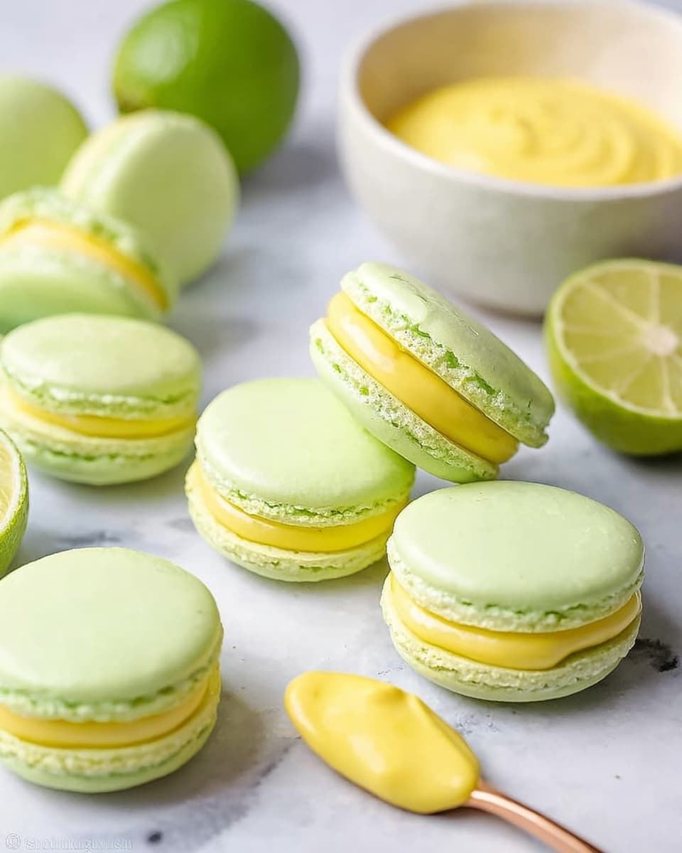 The image shows several pale green macarons with a smooth texture, each filled with a thick layer of bright yellow cream in the middle. The macarons are arranged on a white marbled surface with some whole and halved limes nearby, adding shades of green and yellow to the scene. A white bowl filled with yellow cream is visible in the background, along with a yellow spoon covered in the same cream in the foreground. The overall look is fresh and clean with a mix of pastel green and vivid yellow colors. photo taken with an iphone --ar 4:5 --v 7