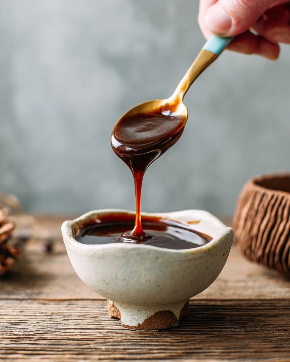 A close-up shows a woman’s hand holding a small spoon with a light blue handle and gold neck, lifting a thick, glossy dark brown sauce dripping down from the spoon. The sauce fills a small white bowl with three short legs and a slightly uneven rim, placed on an old wooden surface. The background has a soft focus light grey wall, and part of a brown textured object is visible on the right side. The image has a warm, natural light feel. photo taken with an iphone --ar 4:5 --v 7