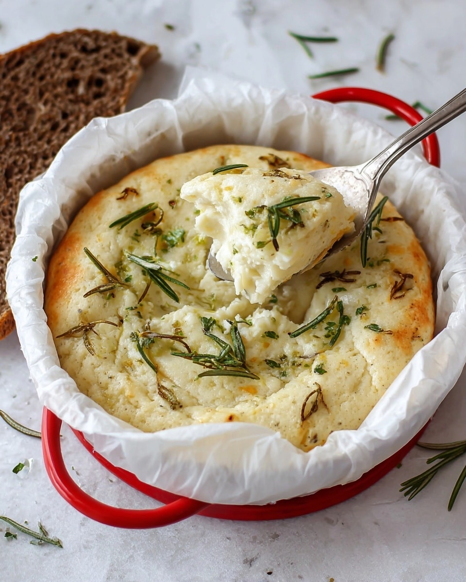 The image shows a focaccia bread baked in a round shape, resting on white parchment paper inside a red pan with handles on both sides. The bread has one layer with a golden, slightly bumpy texture, sprinkled with fresh green rosemary leaves and small herbs spread evenly across the top. The background consists of a white marbled surface with some garlic and green herbs placed nearby for decoration. The overall look is fresh and homemade. photo taken with an iphone --ar 4:5 --v 7