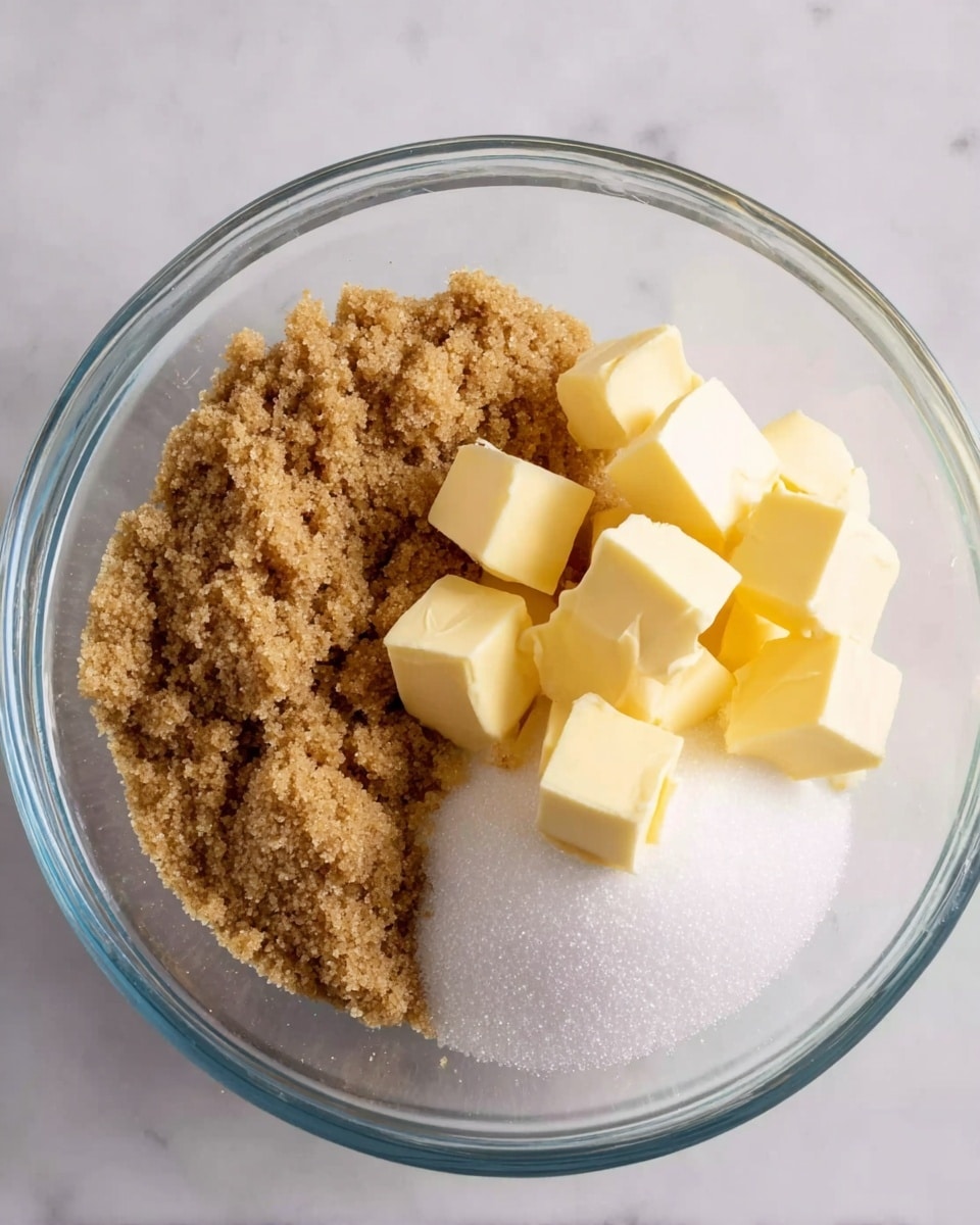A clear glass bowl holds three ingredients that form three distinct sections inside it; on the left is a pile of light brown sugar with a crumbly texture, next to it on the right is a smaller heap of white granulated sugar, and on top of both sugars on the right side are neatly arranged cubes of yellow butter. The bowl is placed on a white marbled surface. photo taken with an iphone --ar 4:5 --v 7