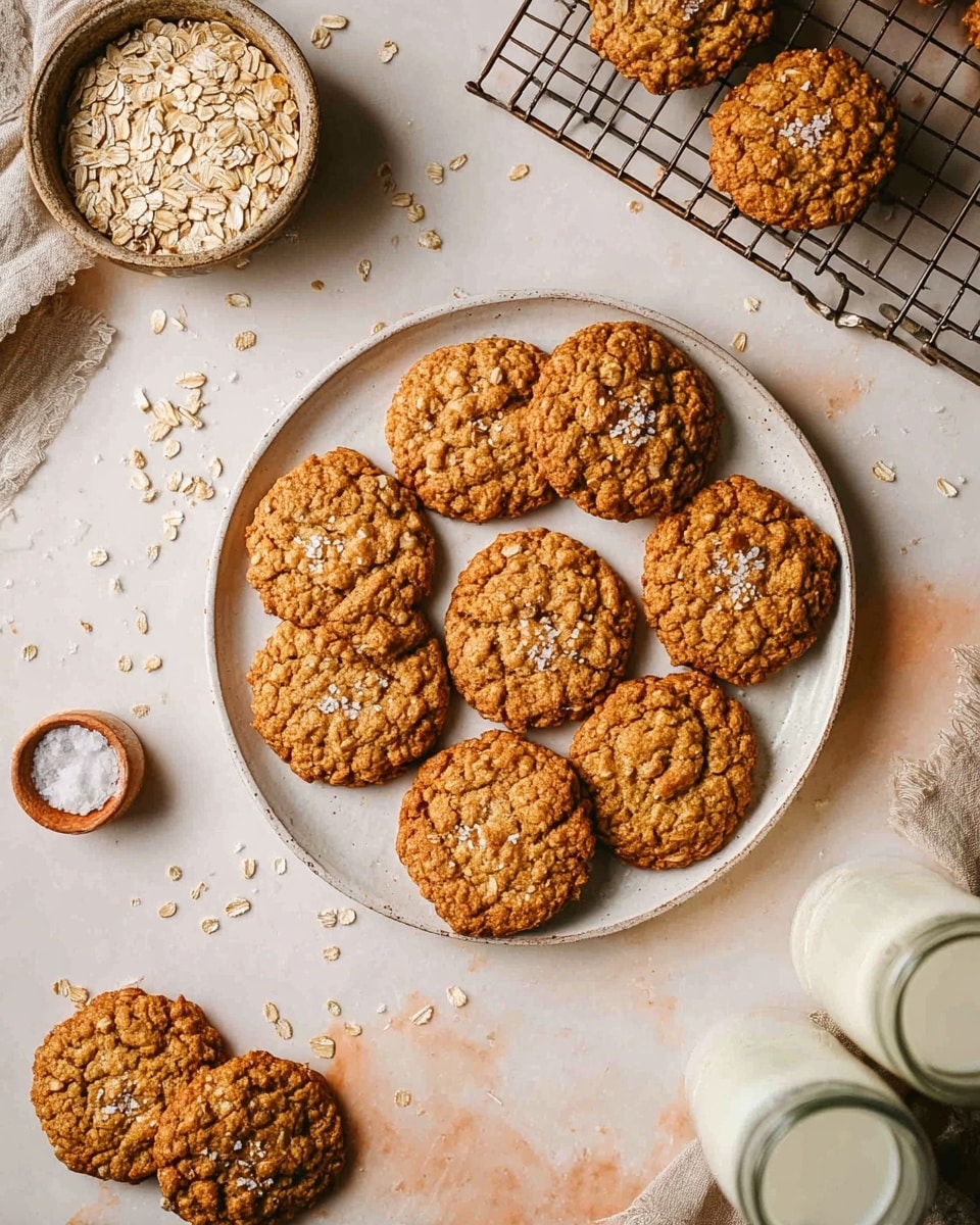 A white round plate holds nine golden-brown oatmeal cookies with a rough, crumbly texture and small flakes of sea salt on top. Around the plate, there are a few loose oats scattered on the white marbled surface. To the upper left, a small rustic bowl filled with oats sits next to two more oatmeal cookies. On the right side, two oatmeal cookies rest on a cooling rack. The bottom right shows two glass bottles filled with milk. The overall scene is warm and inviting with natural light. Photo taken with an iphone --ar 4:5 --v 7