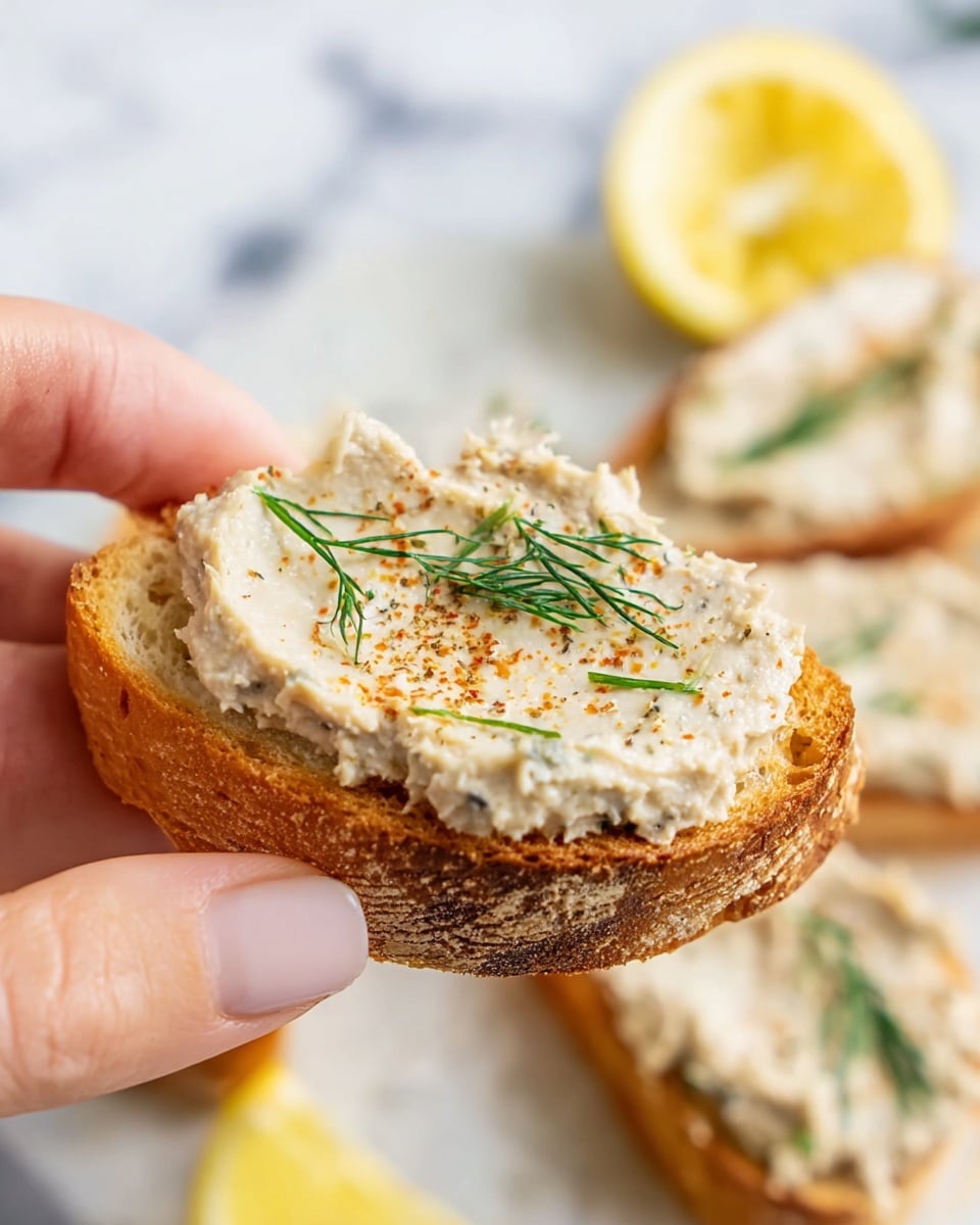 A woman's hand holding a small toasted slice of bread with a thick layer of beige, creamy spread on top, sprinkled lightly with reddish seasoning and garnished with small green dill sprigs. The background shows more slices of bread with the same spread on a white marbled surface, along with a lemon wedge. The texture of the spread looks smooth with a bit of graininess, and the toasted bread edges are golden brown. Photo taken with an iphone --ar 4:5 --v 7