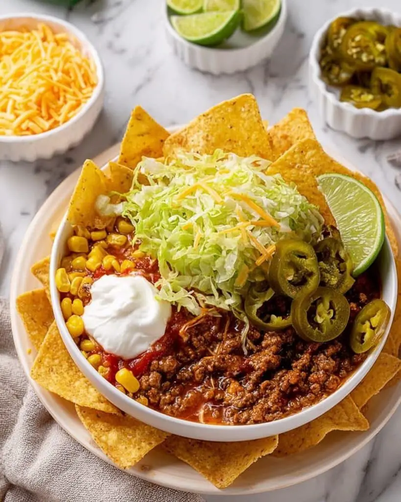 Skillet Nachos with Taco Beef, Rice, and Cheese Recipe