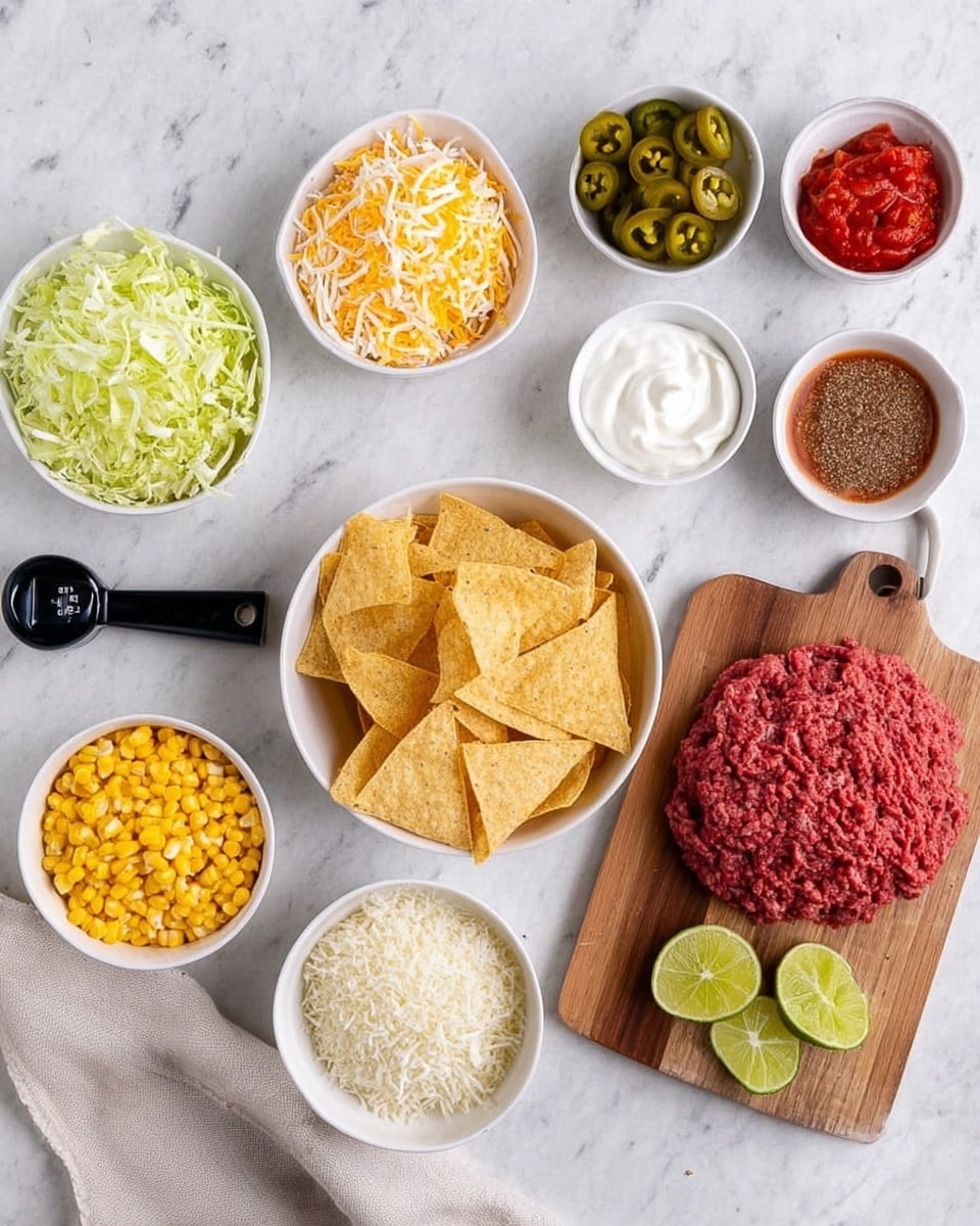 The image shows a collection of ingredients on a white marbled surface arranged neatly. Starting from the top left, there is a white bowl filled with shredded lettuce, next to it is a white bowl with shredded yellow and white cheese. Below these, there is a white bowl containing sour cream. In the center, there is a white bowl filled with triangular yellow corn chips. To the right of the chips, there is a bowl of raw ground beef with a red color. Below the beef, a white bowl is filled with yellow corn kernels. Next to it are two lime slices placed on the surface. On the wooden board at the right side of the image, there are small white bowls holding red salsa, sliced green jalapenos, rice, and a brown seasoning mix. A black measuring cup is also placed near the cloth on the left side. The arrangement is bright and clean, showing all elements clearly, with a slight shadow on the white marbled background. Photo taken with an iphone --ar 4:5 --v 7