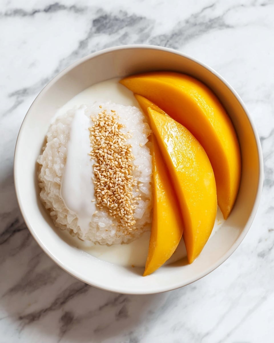 A white bowl holds this dessert with two main layers: on the left side there is a mound of white sticky rice topped with a drizzle of white coconut milk sauce and a small pile of light brown sesame seeds in the center, while on the right side there are six glossy, bright orange mango slices neatly arranged in a fan shape, all set against a white marbled surface. photo taken with an iphone --ar 4:5 --v 7