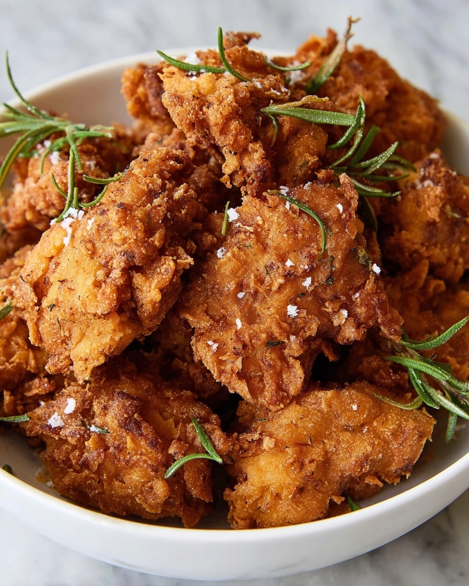 A pile of crispy fried pieces with a golden-brown crunchy crust sits inside a white bowl. The fried pieces have a textured, rough surface with some darker browned spots. Small green sprigs of fresh herbs and coarse white salt flakes are scattered evenly on top, adding contrast to the warm tones of the fried coating. The background features a clean white marbled texture. photo taken with an iphone --ar 4:5 --v 7