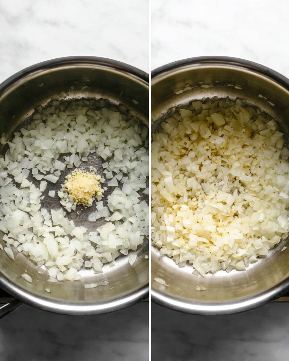 The image shows two side-by-side photos of a stainless steel pot with chopped white onions inside. On the left, the pot contains raw, fresh white onion pieces spread evenly with a small mound of finely minced garlic in the center. On the right, the onions appear cooked, softened, and lightly translucent, filling the pot evenly. The pot is placed on a white marbled surface. photo taken with an iphone --ar 4:5 --v 7