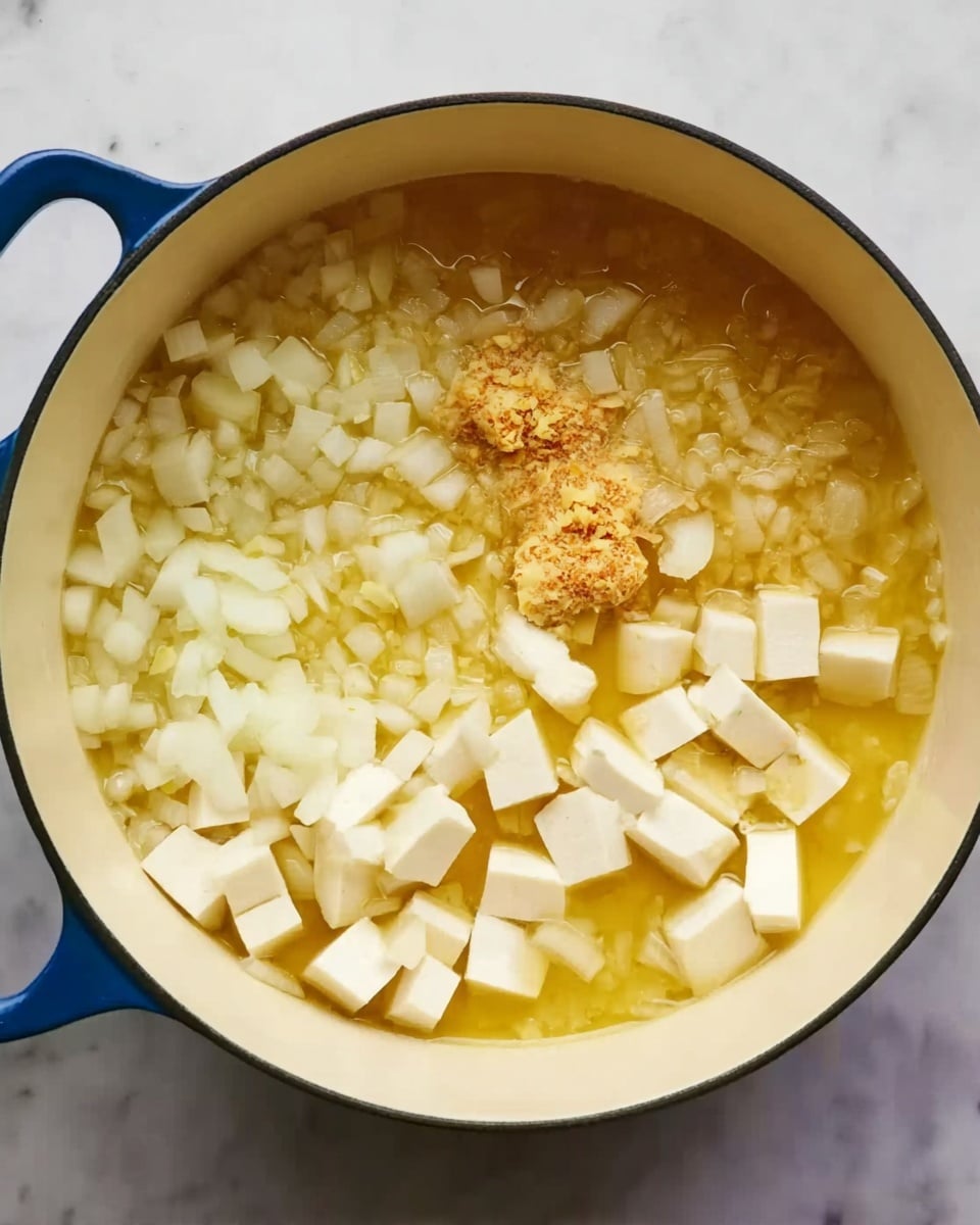 A close-up view of a white pot on a white marbled surface filled with light yellow broth and various chopped ingredients. The ingredients include small white cubes of tofu on the right side, medium-sized diced white onions on the left side, and minced ginger placed in the center. The broth is clear and slightly oily, filling the pot about halfway. The white pot has a blue handle visible on the left side. Photo taken with an iphone --ar 4:5 --v 7