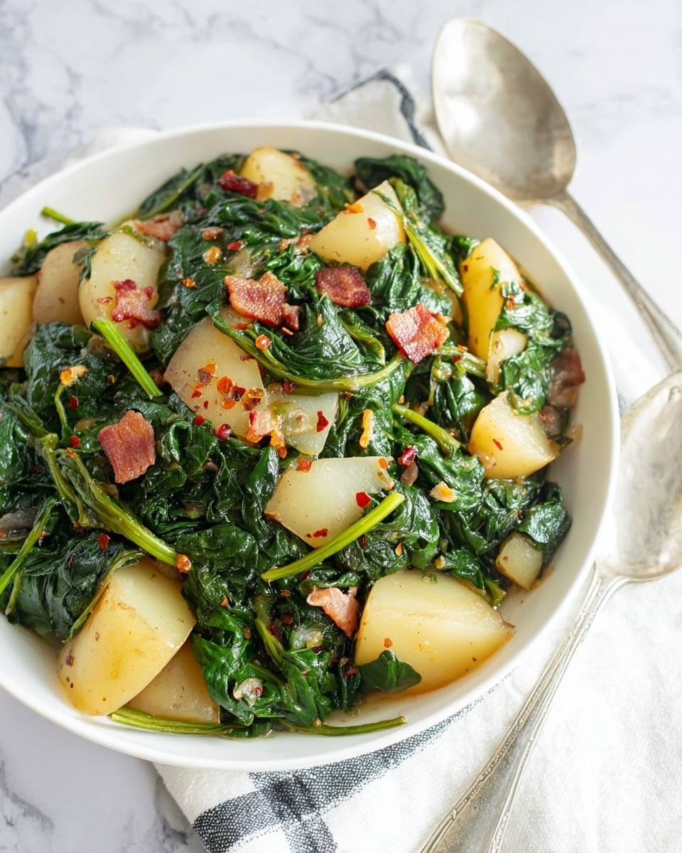 A close-up view of a white bowl filled with cooked leafy greens, mainly dark green softened spinach with thick stems, mixed with light beige irregularly shaped potato chunks. Small pieces of reddish-brown bacon are scattered on top, along with visible bits of minced garlic and onion, adding texture and color contrast. There are also tiny red chili flakes sprinkled across the dish, giving a hint of spice. The bowl sits on a white marbled surface, with a silver serving spoon and a white cloth with a dark stripe pattern visible on the side. Photo taken with an iphone --ar 4:5 --v 7