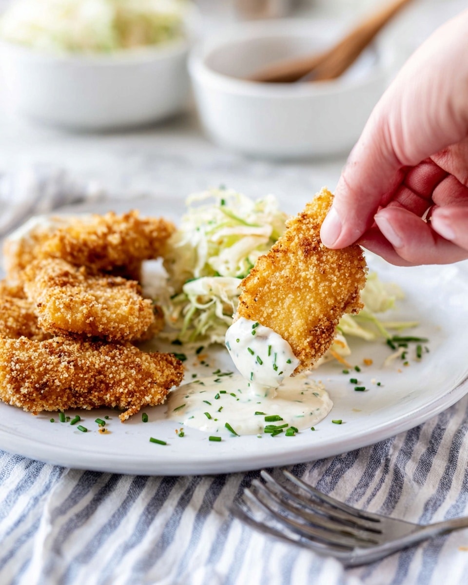 A white plate sits on a white marbled surface with three crunchy golden brown breaded pieces in the front. One piece is being held by a woman's hand, dipping it into a small puddle of creamy white sauce dotted with small green chives. Behind this, there is a small heap of thinly shredded cabbage salad mixed with some green herbs. In the background, slightly out of focus, are some white bowls with wooden spoons. A fork lies on the striped cloth beneath the plate. Photo taken with an iphone --ar 4:5 --v 7