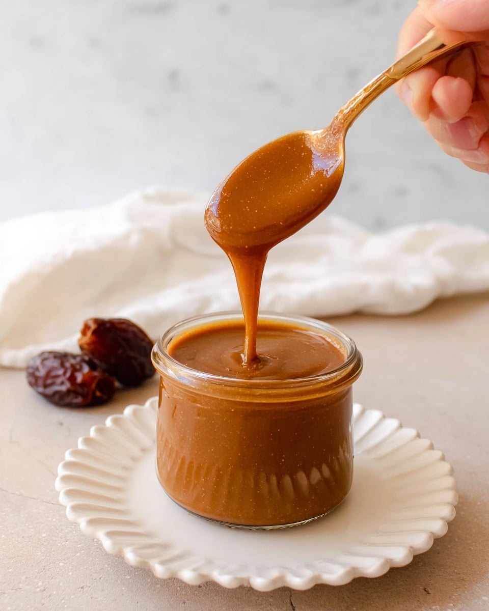 A clear glass jar filled with a smooth, thick, glossy light brown sauce is placed on a white scalloped plate. A spoon held by a woman's hand is lifting the sauce out of the jar, with the sauce stretching in a thick, shiny ribbon from the jar to the spoon. In the background, there is a soft, blurred white marbled surface with a white cloth and two dark brown dried dates lying on it. Photo taken with an iphone --ar 4:5 --v 7