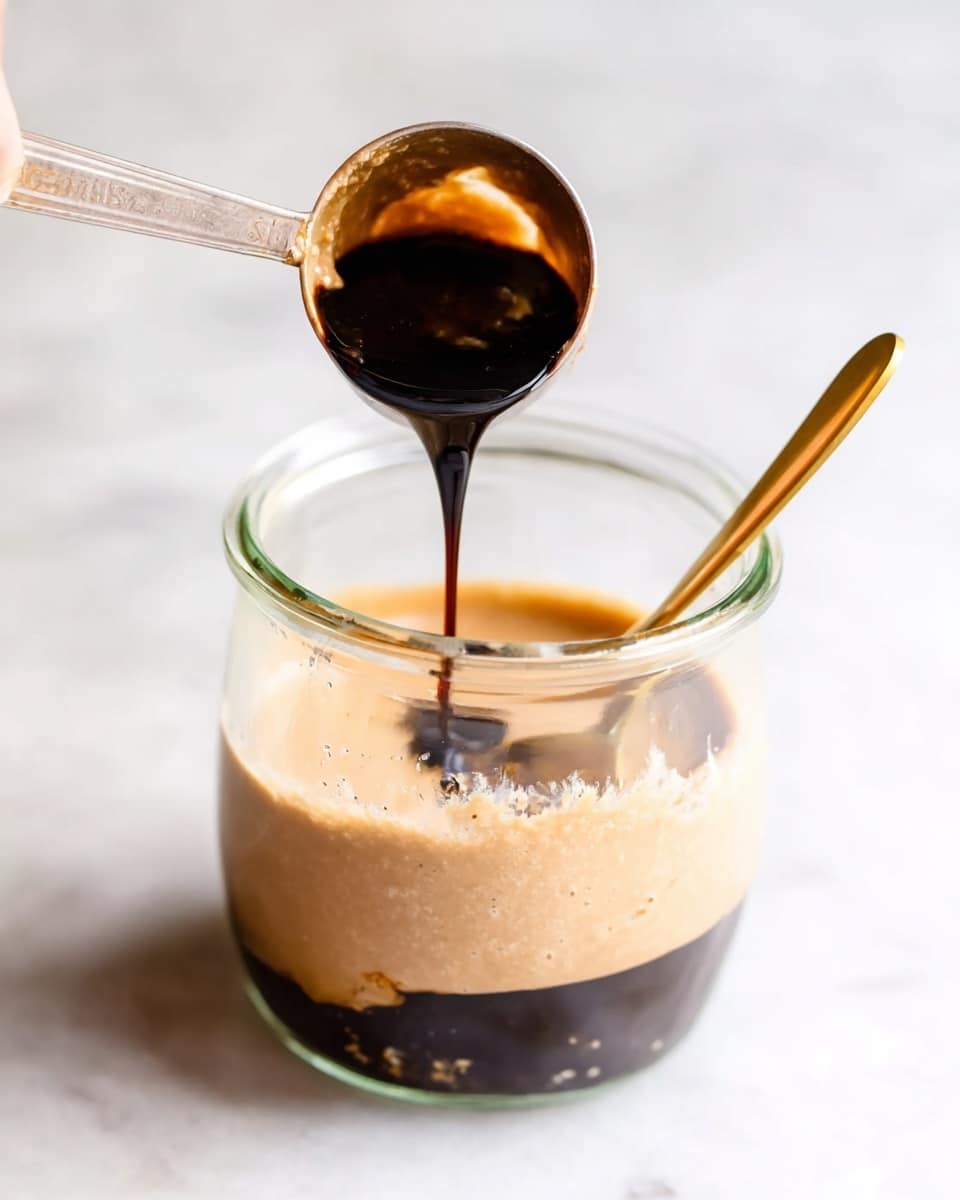 A clear glass jar sits on a white marbled surface, filled about halfway with a thick beige mixture. A woman's hand holds a small metal measuring cup pouring a dark, thick liquid into the jar. Inside the jar, there is a golden spoon partly submerged in the mixture. The image captures the moment the dark liquid streams down into the creamy beige layer below photo taken with an iphone --ar 4:5 --v 7