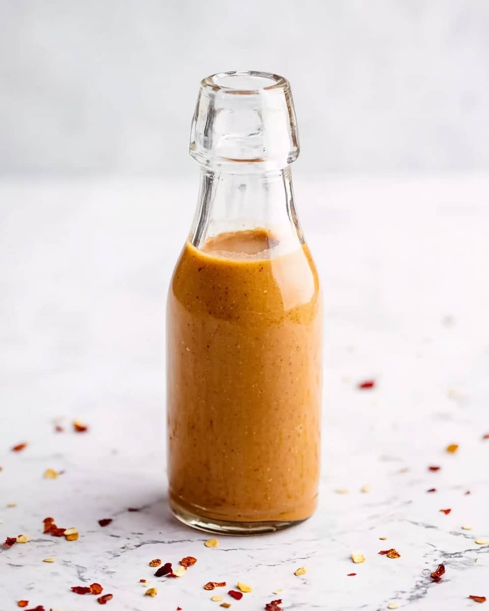 A clear glass bottle with a white sealing cap contains a thick, light brown sauce filling about two-thirds of the bottle. The bottle is placed on a white marbled surface scattered with small red pepper flakes. The sauce inside has a smooth texture with some tiny seeds or spice bits visible, giving it a slightly grainy look. The top of the sauce is uneven and softly rounded near the bottle's neck. The overall setting is bright and clean with a minimal style. photo taken with an iphone --ar 4:5 --v 7
