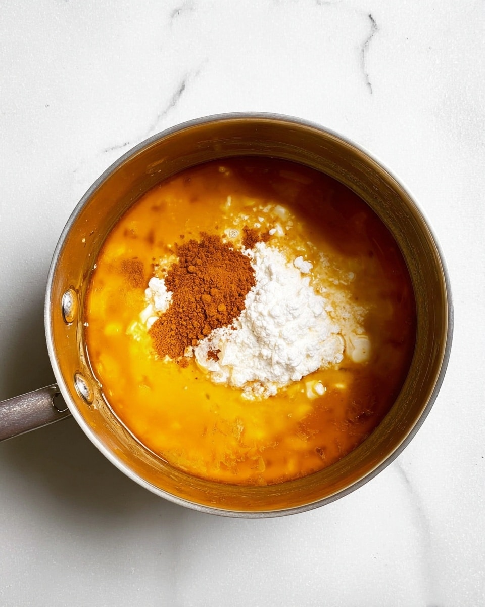A round silver pot sits on a white marbled surface, filled with a liquid that is bright orange and yellow with a smooth, slightly oily texture. On top of the liquid, there is a mound of fine white powder and a smaller pile of brownish-orange powder, both resting near the center. The pot's sides are shiny and reflective, with two metal handles visible on the left side. The powders sit clearly on the surface, not yet mixed in, creating a layered contrast with the orange liquid below. photo taken with an iphone --ar 4:5 --v 7