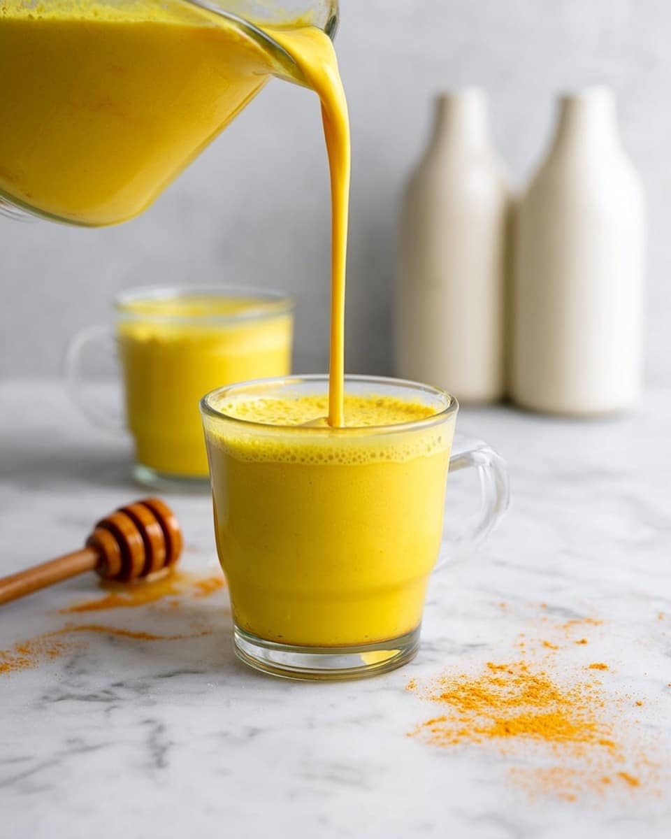 A clear glass cup filled with a thick, bright yellow liquid being poured from above, creating a frothy surface on top; another glass cup with the same yellow drink is placed in the background on a white marbled surface, with two white bottles behind it that have a simple, smooth texture; in the front left corner, a honey dipper with honey rests nearby, and a light sprinkling of orange powder is scattered on the surface. photo taken with an iphone --ar 4:5 --v 7