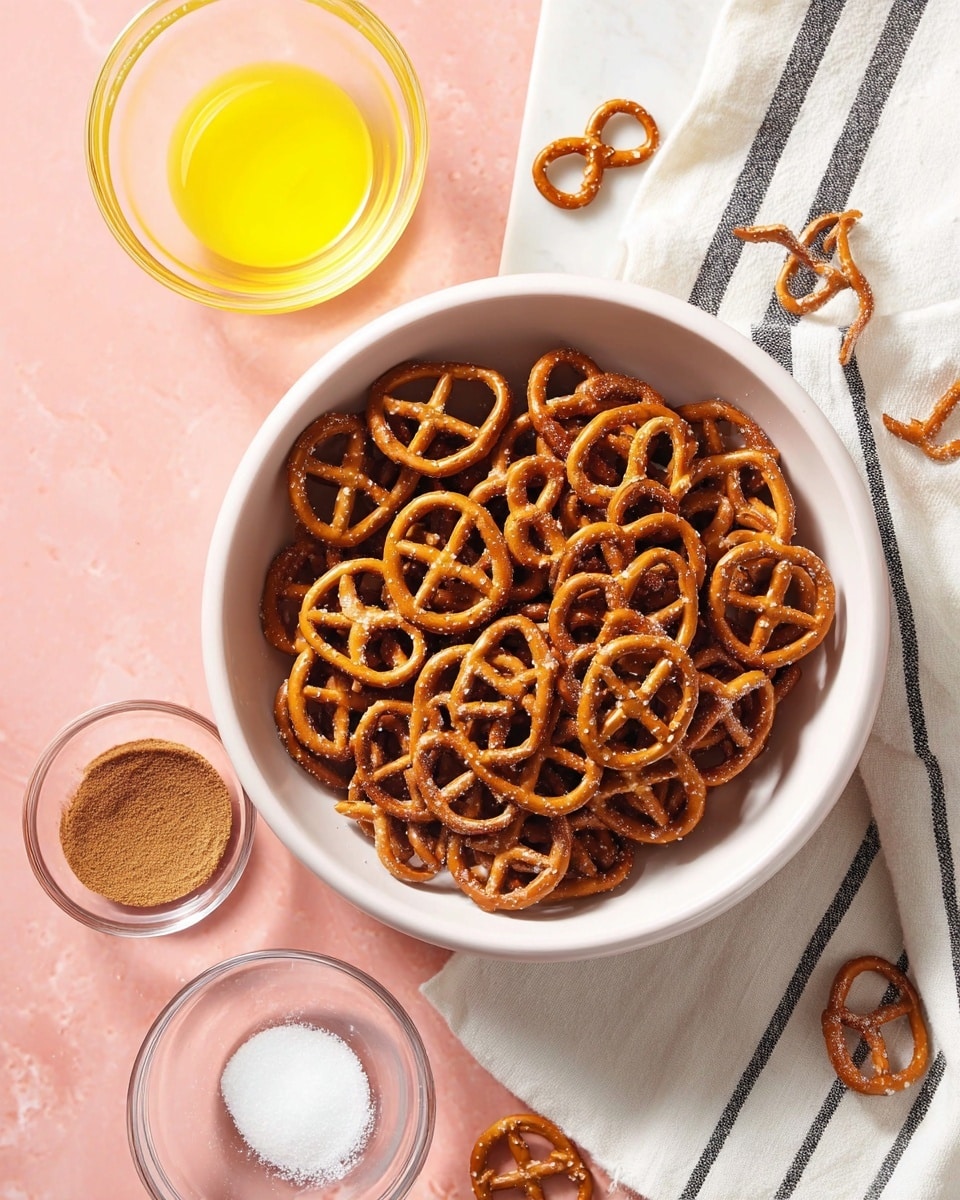 A wide white bowl filled with many small golden-brown pretzels with a salty texture sits on a white marbled surface. The bowl is placed on a white cloth with black stripes that runs diagonally under it. Around the bowl, there are three clear glass bowls holding different ingredients: a bright yellow melted butter, white granulated sugar, and a brown powder which looks like cinnamon. A few pretzels are scattered casually on the surface near the bowl. The soft pink background adds a gentle contrast to the warm colors. Photo taken with an iphone --ar 4:5 --v 7