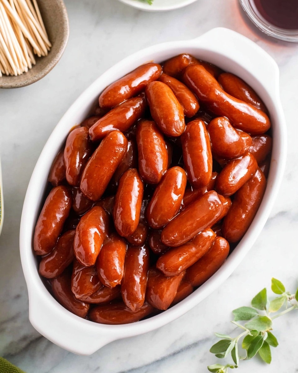A white oval dish filled with many small, shiny sausages covered in a thick brown sauce. The sausages are packed closely together and have a smooth, glossy surface, showing some light reflections. The dish sits on a white marbled surface with a few green herb leaves and a bowl of toothpicks nearby. Photo taken with an iphone --ar 4:5 --v 7
