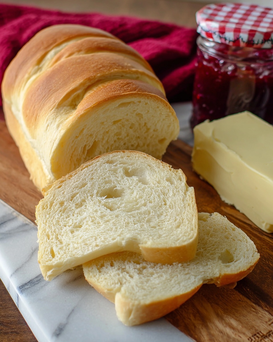 This image shows a loaf of soft bread sliced into several pieces, arranged on a wooden board with a white marbled texture underneath. The bread has a light golden crust on top and a soft, pale yellow texture inside with a few air pockets. To the right of the bread, there is a block of butter with a smooth surface and pale yellow color, and a jar of red jam with a red and white checkered lid is partially visible behind the bread. The background includes a red cloth that adds a warm tone to the scene. photo taken with an iphone --ar 4:5 --v 7