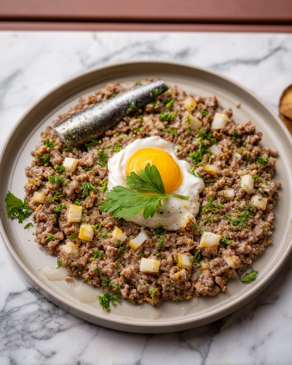 A dark green round bowl is held by a woman's hand, filled with a mix of layers. The bottom layer is cooked small grains, pale beige and fluffy. The second layer is scattered cooked small ground meat, rich brown with a coarse texture covering most of the grains. On top, there are small white cubes and fresh green parsley leaves sprinkled unevenly. Near the center, a dollop of white creamy sauce with a single parsley leaf is placed. A small boiled egg with a bright yellow yolk peeks out from the grains. A piece of fish with a light beige color and a slightly rough surface lies on one side of the bowl. In the background, a dark brown and tan dog looks intently at the bowl, with an out-of-focus terracotta tile floor behind. Photo taken with an iphone --ar 4:5 --v 7