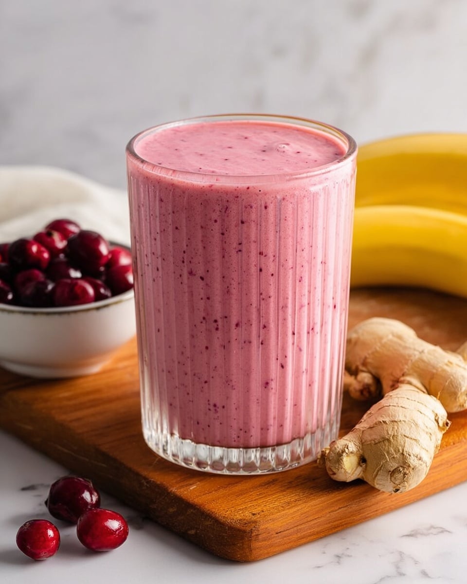 A clear glass with vertical ridges is filled with a thick pink smoothie that has tiny dark red specks evenly spread throughout. The glass sits on a wooden board, which also holds fresh ginger root on the right side. To the left, there is a small white bowl filled with dark red cherries, with a few cherries scattered on the board. In the background, a whole yellow banana lies on a white marbled surface. The scene is bright and clean, with soft lighting highlighting the smooth texture of the drink. Photo taken with an iphone --ar 4:5 --v 7