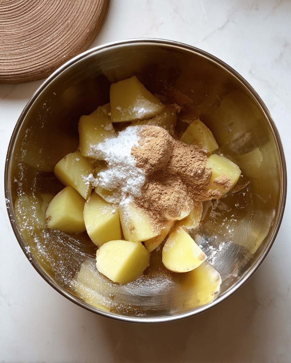 A shiny metal bowl holds several chunky pieces of pale yellow potatoes spread around the bowl's sides. On top of the potatoes, there are small heaps of white and light brown powders sprinkled unevenly. The bowl sits on a white marbled surface, and part of a round brown object is just visible at the top edge of the image. photo taken with an iphone --ar 4:5 --v 7