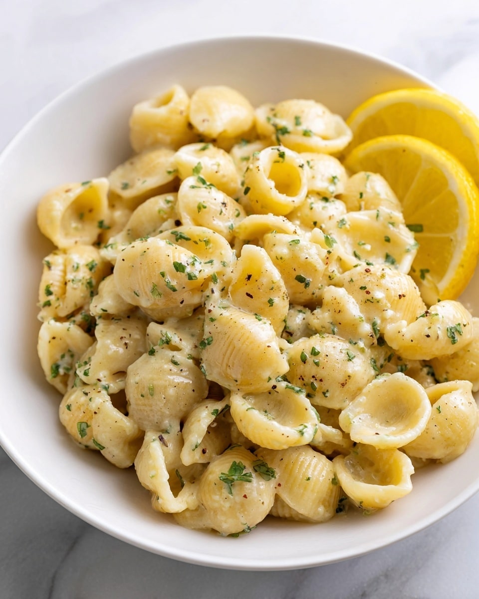 A white bowl is filled with small shell pasta coated in a creamy, light yellow sauce with visible flecks of herbs and spices. The pasta shells have a smooth texture and are well-covered with the sauce, giving them a slightly glossy look. Two wedges of bright yellow lemon sit on the side of the bowl, adding a fresh pop of color. The background is a white marbled surface. photo taken with an iphone --ar 4:5 --v 7