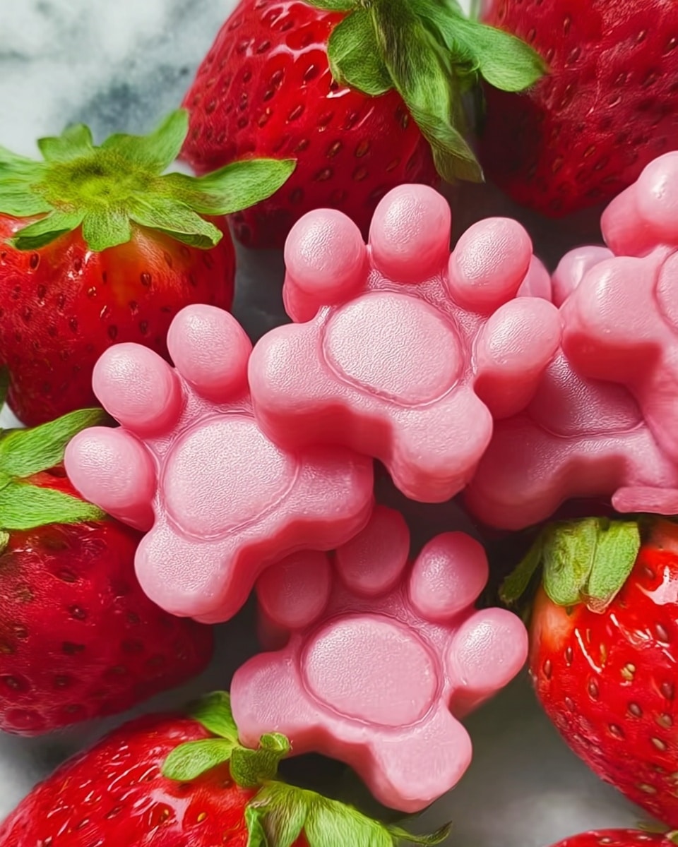 The image shows a close-up view of several pink gummy candies shaped like bones and paws. The gummies have a smooth, shiny texture with some light reflections showing their softness. They are placed on top of fresh, red strawberries with green leafy tops, all set on a white marbled surface. The colors contrast well, with the bright pink gummies sitting against the deep red and green of the strawberries, giving a fresh and sweet look. Photo taken with an iphone --ar 4:5 --v 7