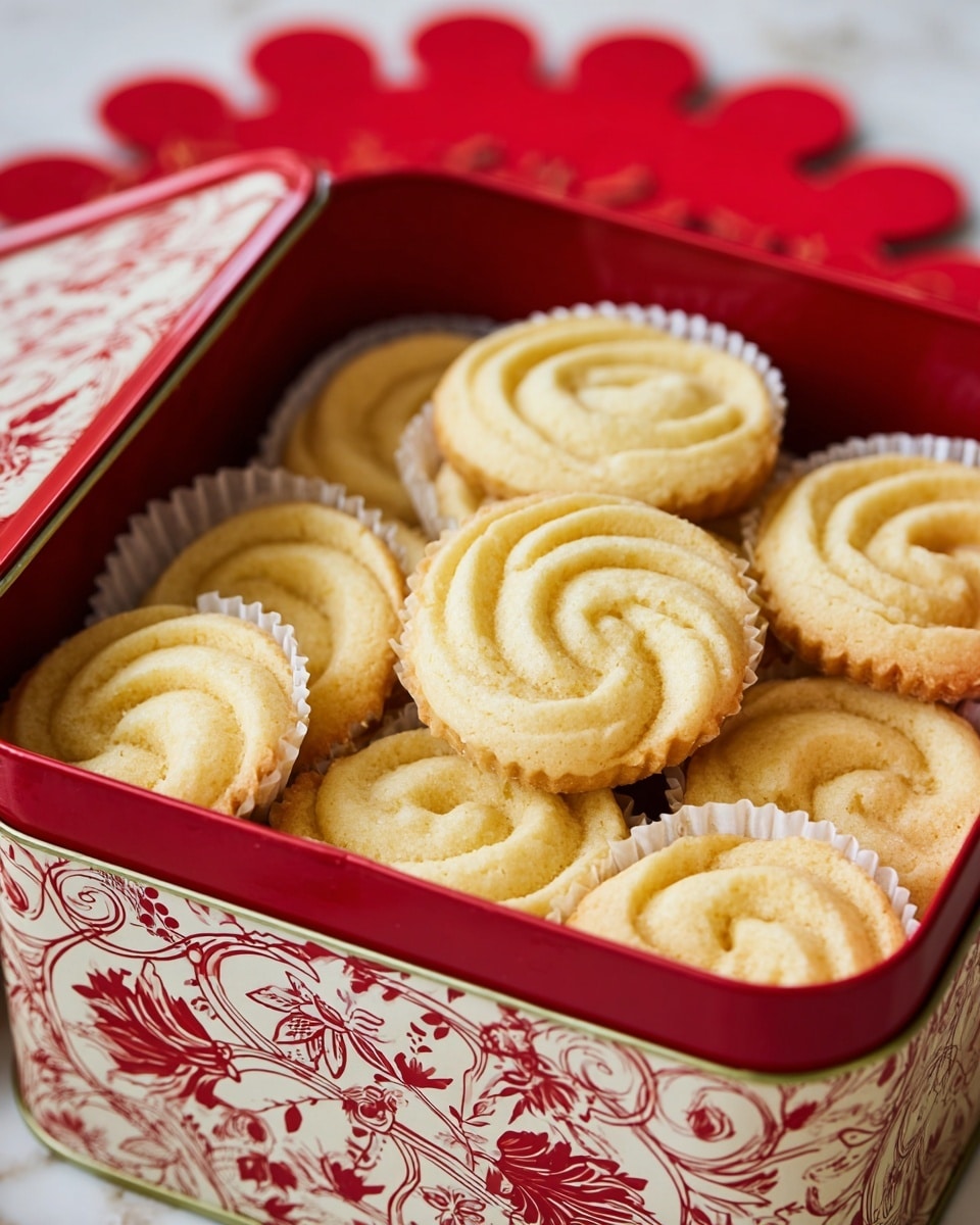 A close-up image shows a red and white decorative tin box filled with round, swirled butter cookies placed in white paper cups. Each cookie is light golden brown, with a smooth and slightly crumbly texture, arranged closely inside the box. The tin box has a floral and swirl pattern on the lid and sides, partially open to reveal the cookies inside. The background features a red felt cutout on top of a white marbled surface. photo taken with an iphone --ar 4:5 --v 7