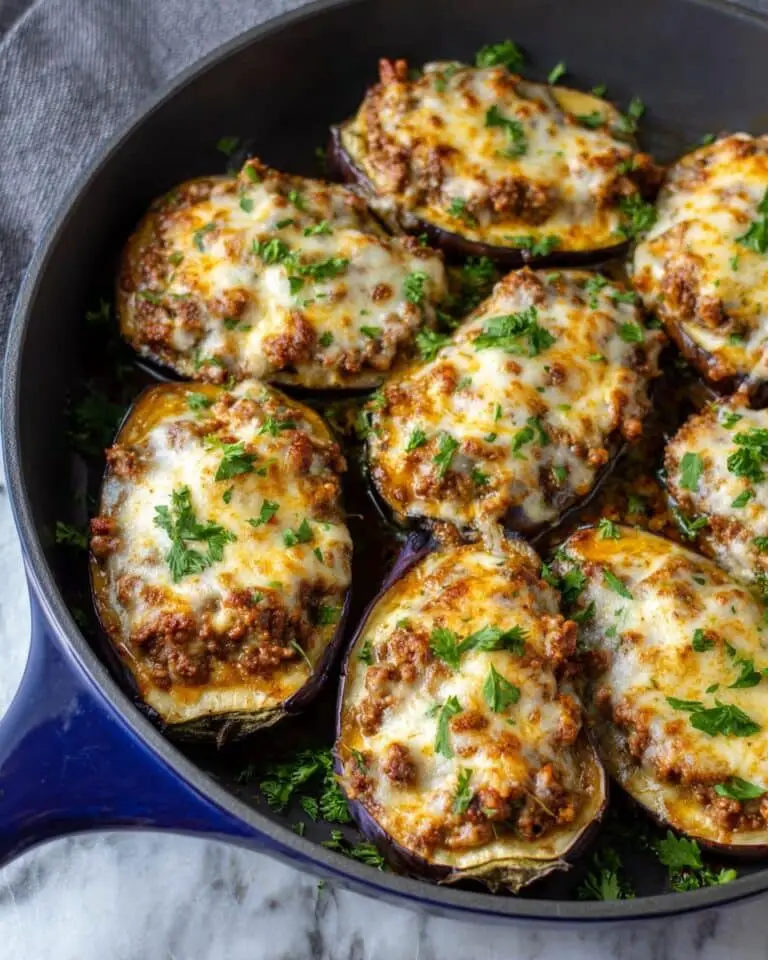 Stuffed Eggplant with Ground Beef, Mozzarella, and Tomato Sauce Recipe