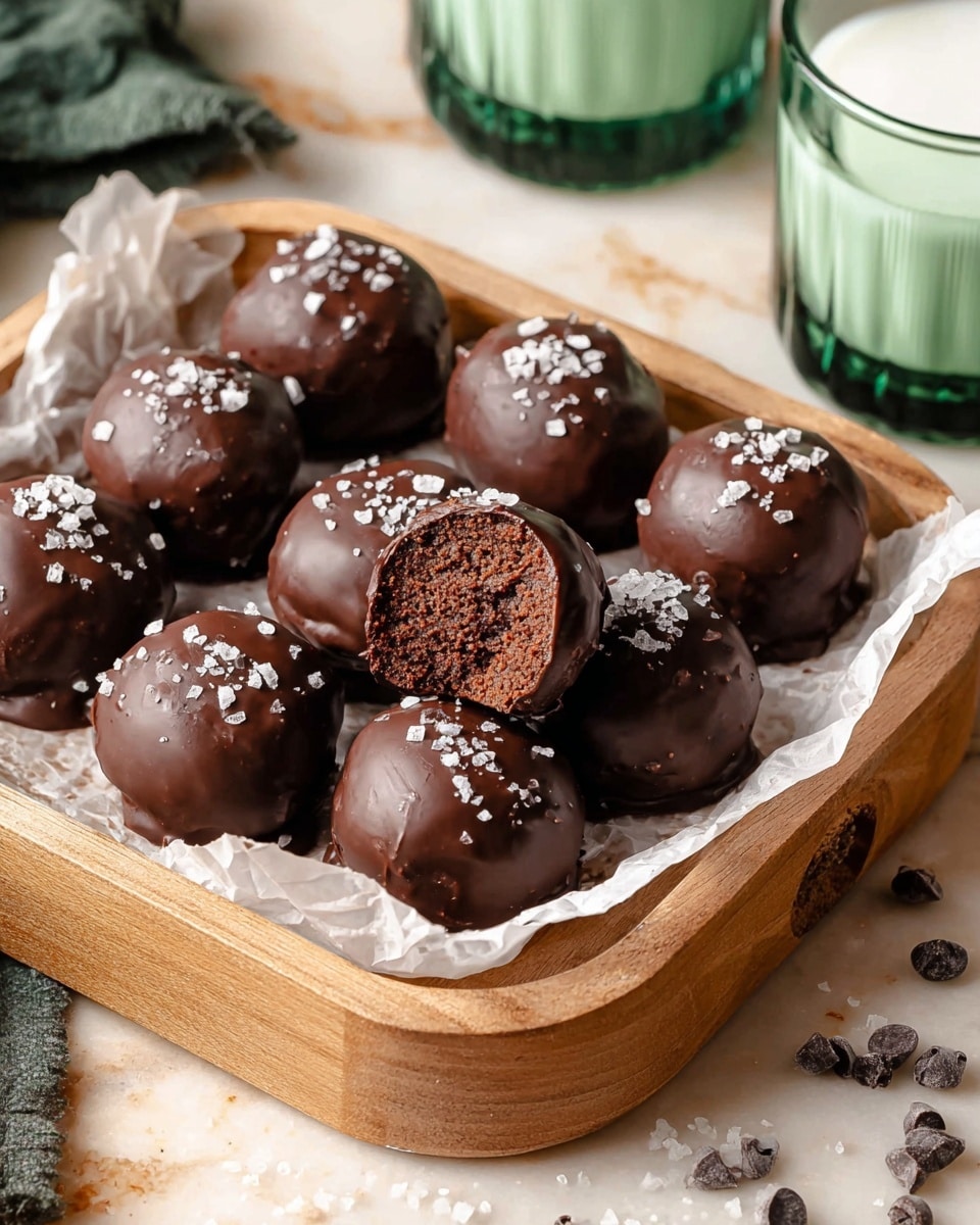 A wooden tray holds about a dozen round chocolate balls covered in a smooth dark chocolate layer, each topped with a sprinkling of flaky white sea salt. One chocolate ball in the front center is bitten into, showing a dense, moist, and dark brown inner cake texture. The tray is lined with crumpled white parchment paper. Around the tray, small dark chocolate chips are scattered on a white marbled surface. In the background, there are two green tinted glasses filled with milk. The photo is taken with an iphone --ar 4:5 --v 7