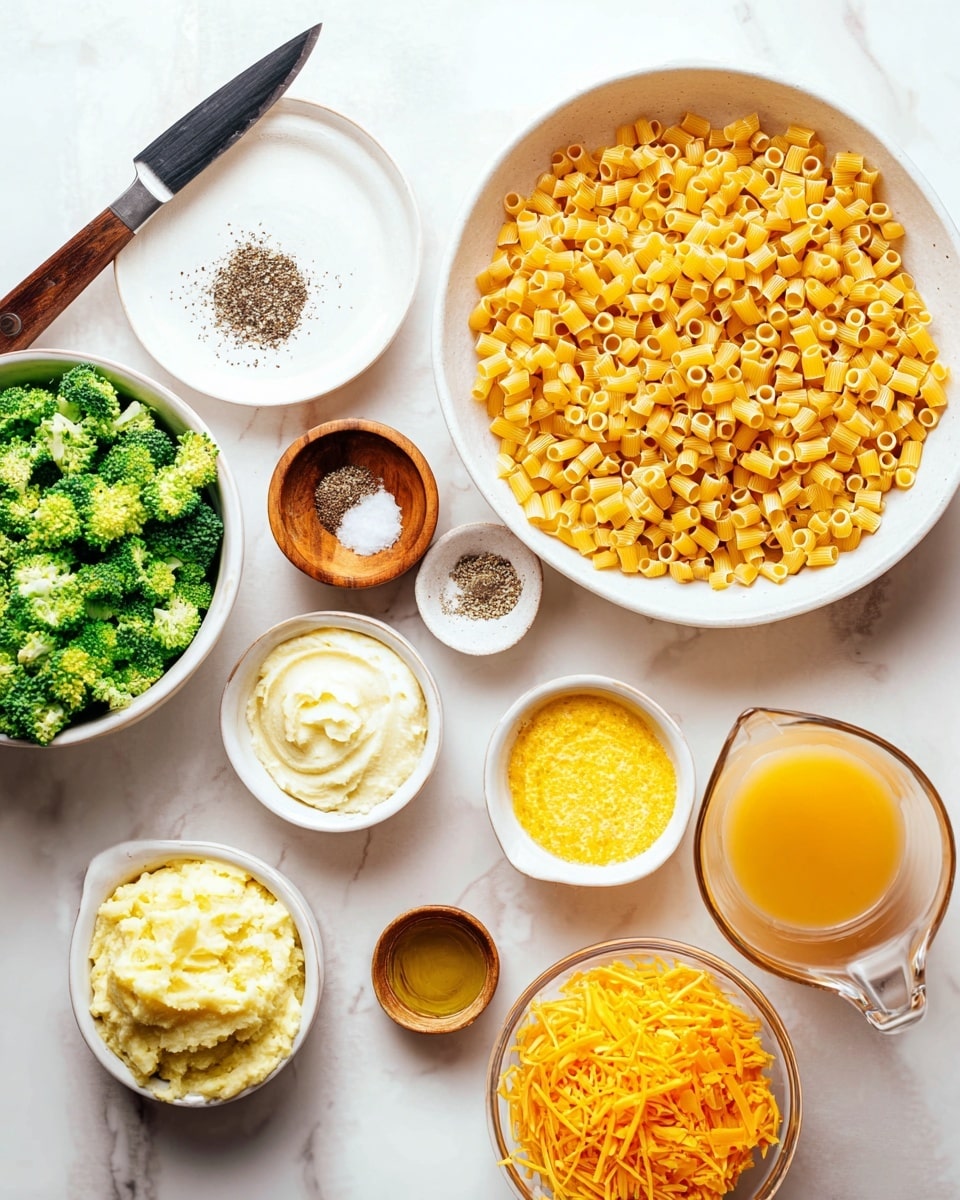 The image shows ingredients arranged on a white marbled surface for a dish, with chopped green broccoli on the left on a white plate, next to a silver knife with a black handle. There is a large bowl of small yellow pasta tubes in the center. Around it, a small white bowl holds a swirl of ground black pepper, a small wooden bowl contains white salt, and a small white bowl has yellow mustard. Below the pasta, two small white dishes hold light yellow mashed ingredients, one smoother and one coarser. To the bottom right is a white bowl filled with shredded orange cheddar cheese and a clear measuring cup with an orange liquid. A small white pitcher with white liquid is also visible near the bottom. The layout shows a clear view of each ingredient on the white marbled background. Photo taken with an iphone --ar 4:5 --v 7