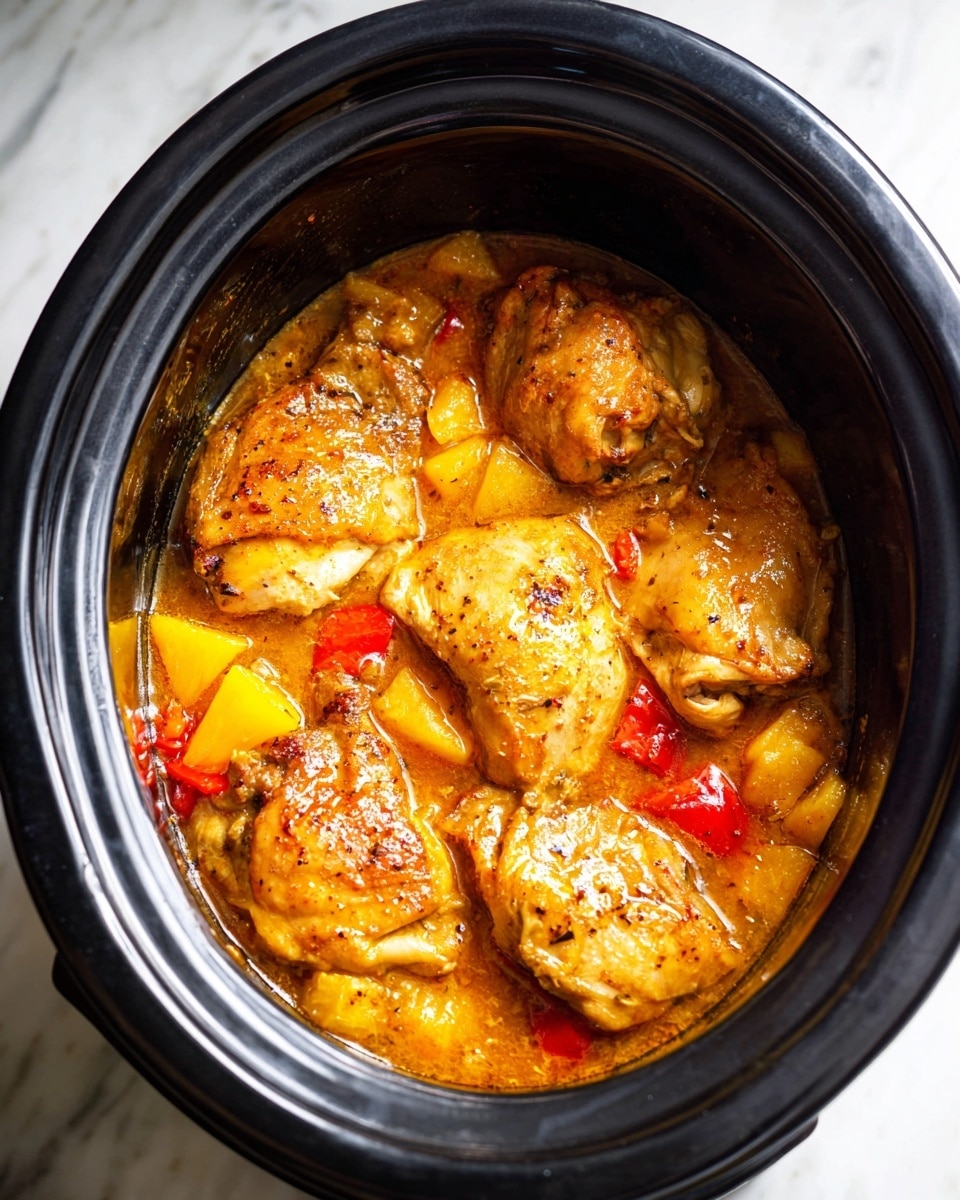 In a black slow cooker, there are five pieces of cooked chicken with a light brown and slightly crispy texture, sitting in a golden orange sauce. Mixed in the sauce are bright yellow pineapple chunks and small pieces of red bell pepper, all blending together in a rich liquid. The slow cooker has a shiny, smooth inner surface and is placed on a white marbled surface. photo taken with an iphone --ar 4:5 --v 7