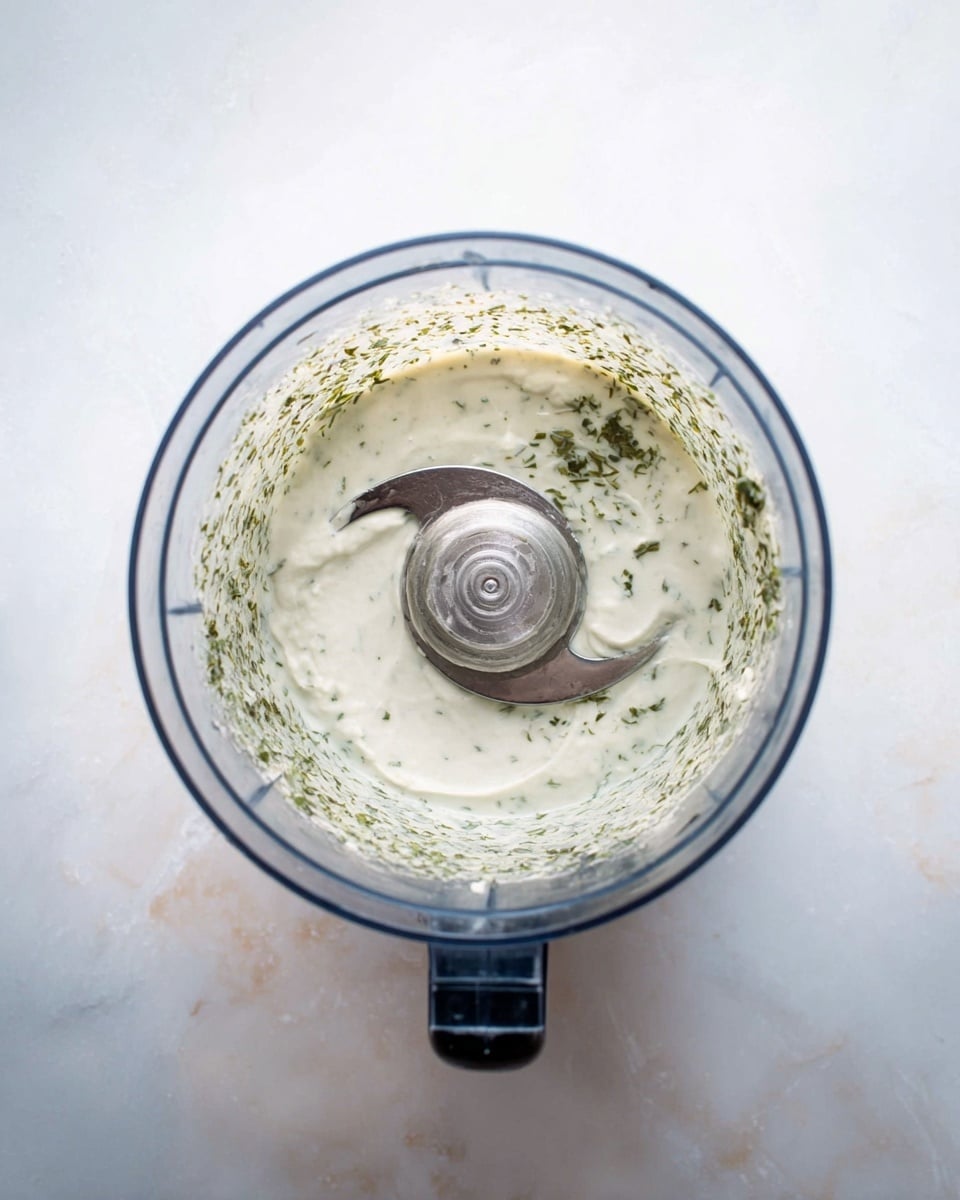 A top view of a clear blender jar containing a creamy white mixture with small green herb pieces spread mostly along the sides. Inside the jar, a sharp curved metal blade sits in the center, partially covered by the mixture. The jar handle is dark colored, and the blender rests on a white marbled surface. The texture of the mixture looks smooth and thick with visible herbs. photo taken with an iphone --ar 4:5 --v 7