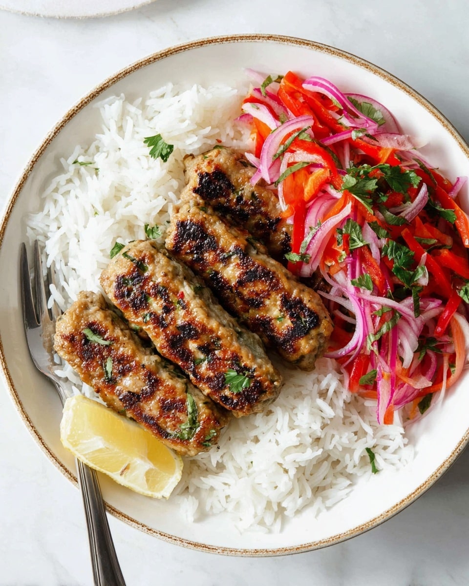 A white plate with a gold rim is placed on a white marbled surface. On the plate, the bottom layer shows a bed of fluffy white rice on the left side. On top of the rice, there are four rectangular grilled patties with golden brown grill marks and small green herb pieces inside them, arranged in a neat row. To the right of the patties, there is a colorful salad of thinly sliced red onions and red bell peppers mixed with small green herb leaves, adding bright reds and greens. At the bottom left of the plate, there is a lemon wedge with a light yellow color resting partially on the rice. A silver fork is placed on the edge of the plate bottom left corner. Photo taken with an iphone --ar 4:5 --v 7