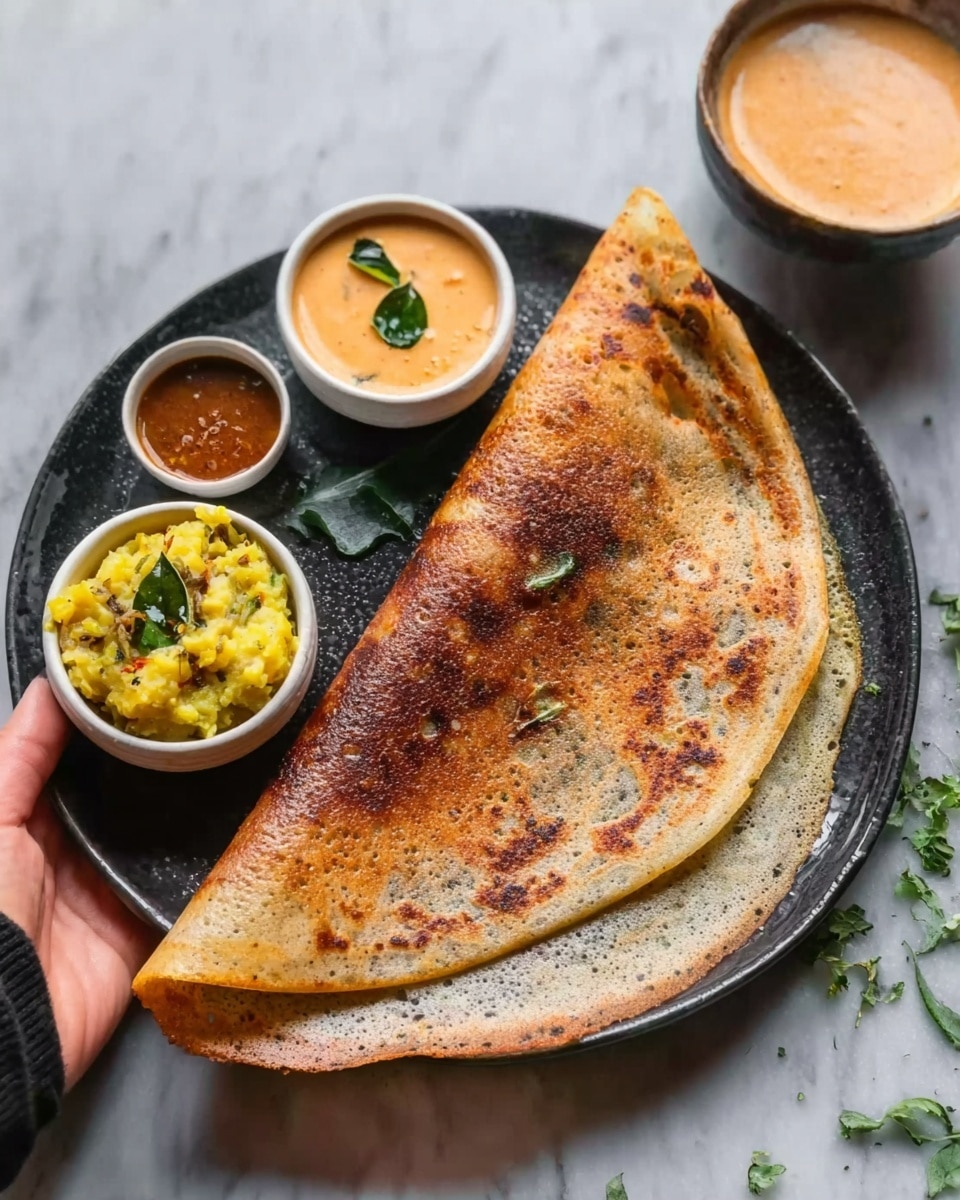 A brown dosa folded in half takes up most of a black plate, showing its crispy texture with golden spots. The dosa is thin, with some darker areas from cooking. On the side, there are three small white bowls: one bowl contains a yellow mashed potato mixture with green herbs, another has a pale orange sauce topped with a small green leaf, and the third bowl holds a reddish-brown sauce. The plate sits on a white marbled surface with a few scattered green herbs around. A woman's hand holds the edge of the plate slightly on the side. Photo taken with an iphone --ar 4:5 --v 7