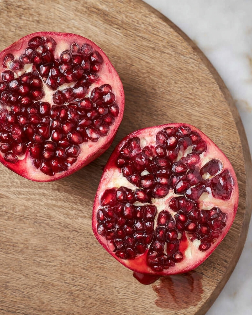 Two halves of a pomegranate sit side by side on a round wooden board. Each half shows a thick red outer skin and a dense cluster of shiny, deep red seeds tightly packed inside, separated by thin white membranes. The right pomegranate half has a small juice drip hanging off the edge. The wooden board has a natural, slightly rough texture, and beneath it, a white marbled surface is partially visible. Photo taken with an iphone --ar 4:5 --v 7