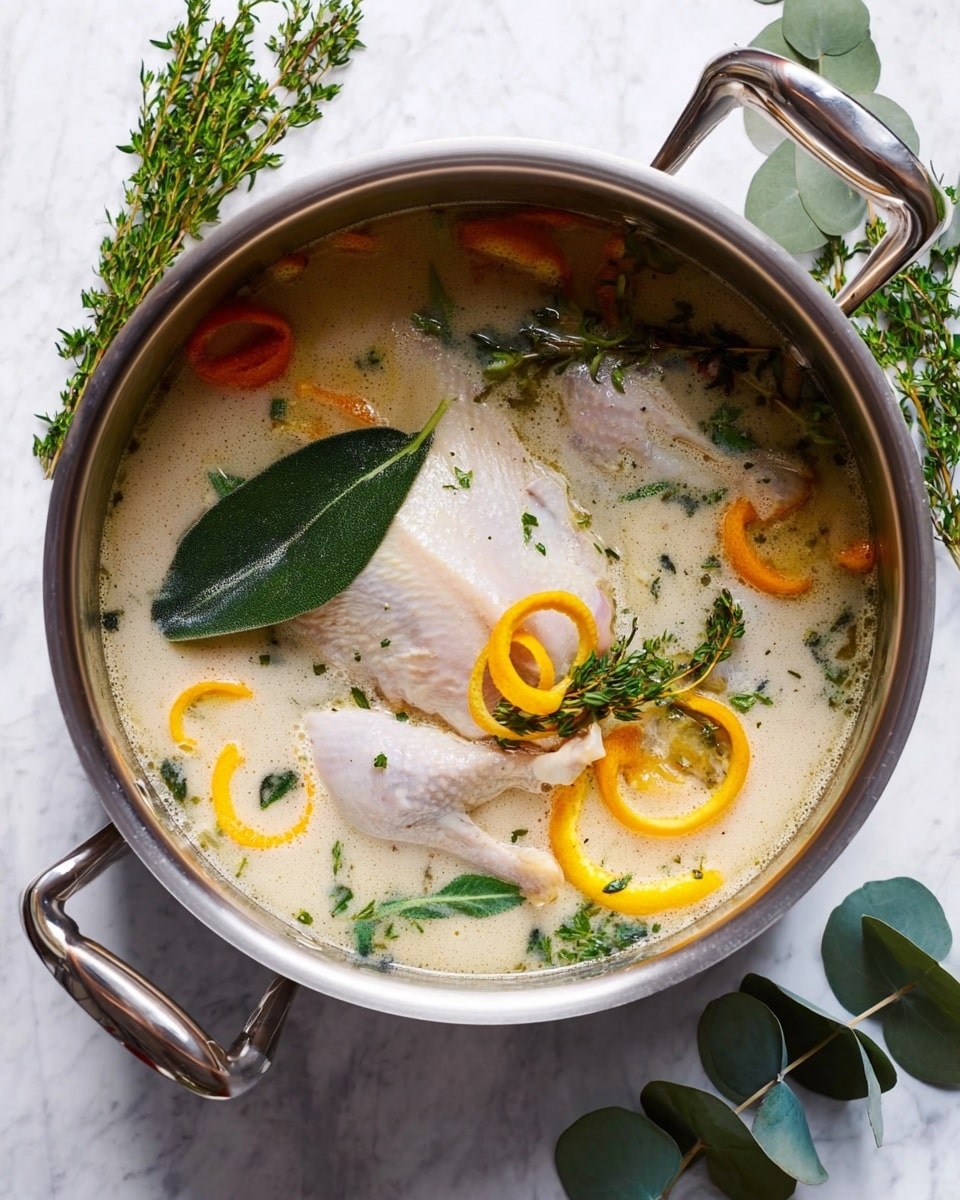 A large steel pot on a white marbled surface holds a whole raw chicken submerged in a creamy light beige broth. The broth is sprinkled with small green herb leaves scattered throughout. Floating on top are bright orange and yellow citrus peels curled in spiral shapes, along with a few large dark green leaves, adding contrast to the pale broth. The pot has shiny steel handles on both sides. Some green eucalyptus leaves are placed around the pot on the white marbled surface. photo taken with an iphone --ar 4:5 --v 7