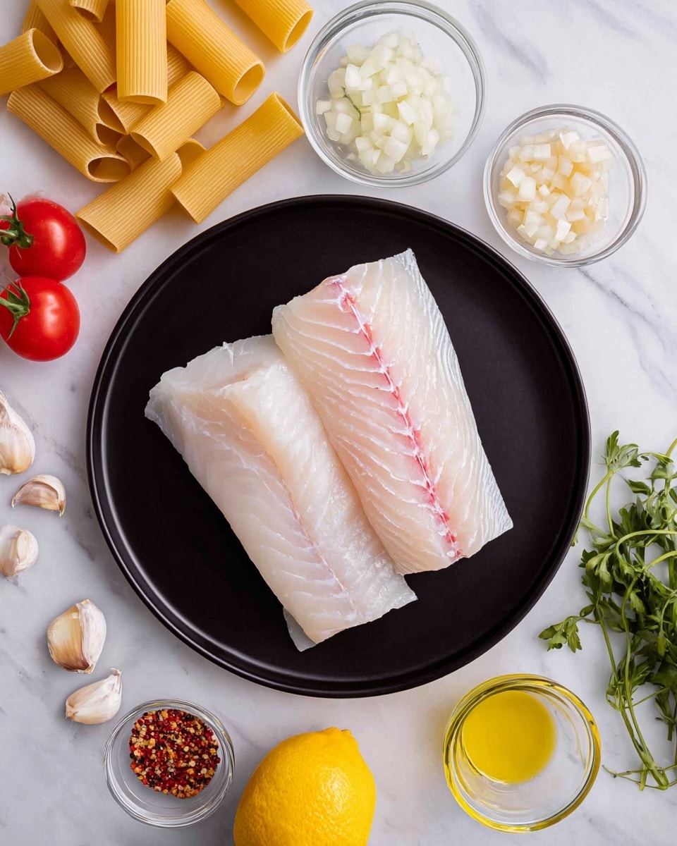 Two pieces of raw white fish fillets with a faint pink line in the middle are placed side by side on a smooth black plate, centered in the image. Around the plate, there are small glass bowls holding chopped white onions, uncooked large pasta tubes, red cherry tomatoes, a few garlic cloves, yellow oil, and red pepper flakes. A whole yellow lemon is at the bottom edge, and a small bunch of fresh green herbs is off to the right on a white marbled surface. The arrangement is neat, bright, and clean, showing fresh ingredients ready for cooking. photo taken with an iphone --ar 4:5 --v 7