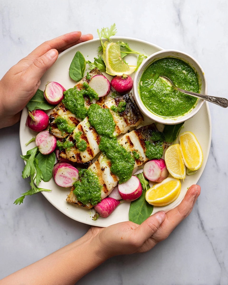 A white plate displays three grilled fish fillets placed diagonally in the center, each topped with a bright green sauce that is thick and slightly textured. Surrounding the fish are halved, grilled radishes with a light pink skin and marked grill lines, scattered evenly around the plate. Several fresh green radish leaves and lemon wedges with a vibrant yellow color are arranged thoughtfully along the edges. At the top right of the plate, there is a small white bowl filled with the same green sauce, with a silver spoon resting inside. Two woman's hands hold the plate on opposite sides against a white marbled surface. Photo taken with an iphone --ar 4:5 --v 7