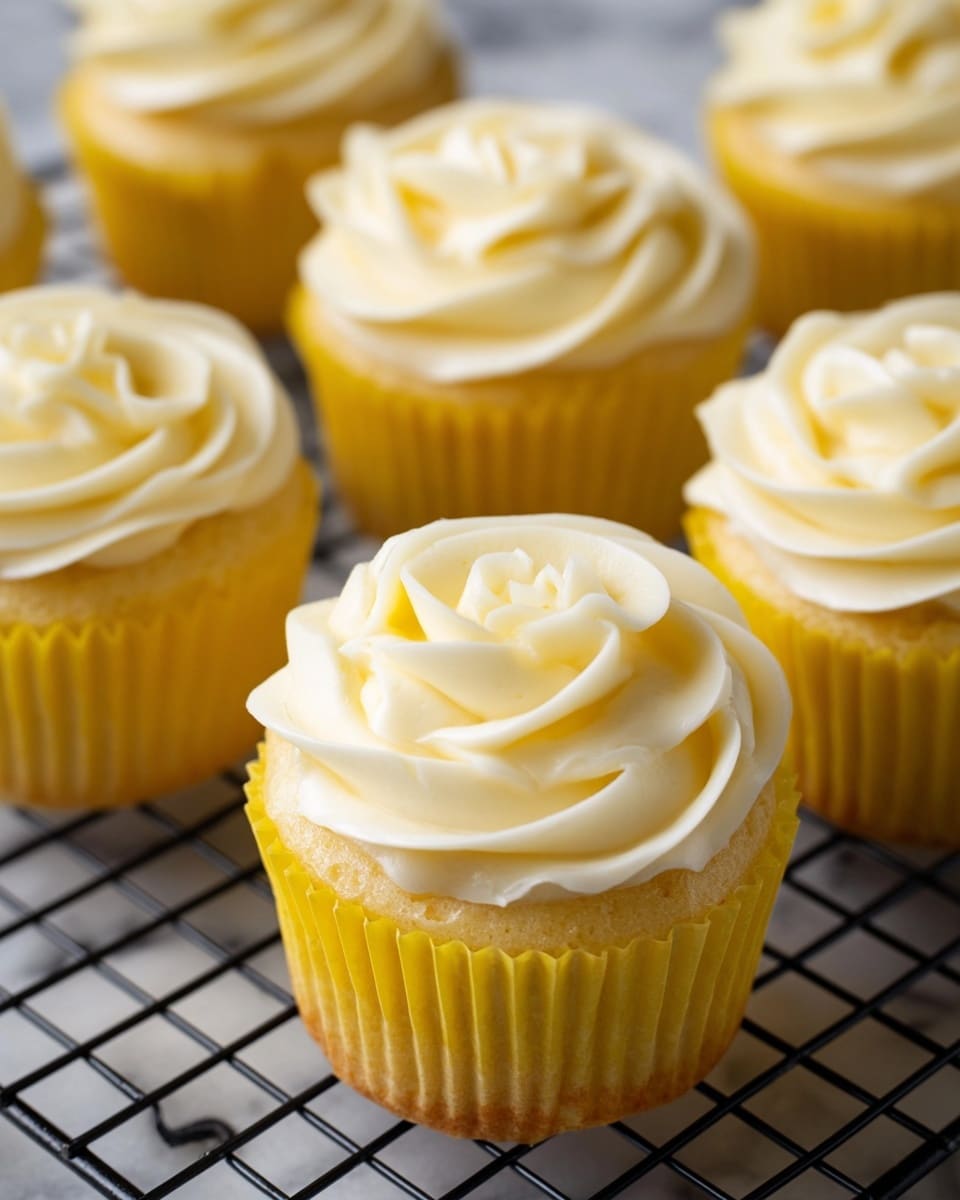 The image shows six cupcakes in bright yellow wrappers arranged closely on a black metal cooling rack placed on a white marbled surface. Each cupcake has one layer of light yellow cake with a soft texture, topped with a thick swirl of creamy white frosting piped in a rose-like pattern with smooth, rounded edges. The frosting appears fluffy and glossy, making the cupcakes look fresh and inviting, with the focus on the center cupcake. Photo taken with an iphone --ar 4:5 --v 7
