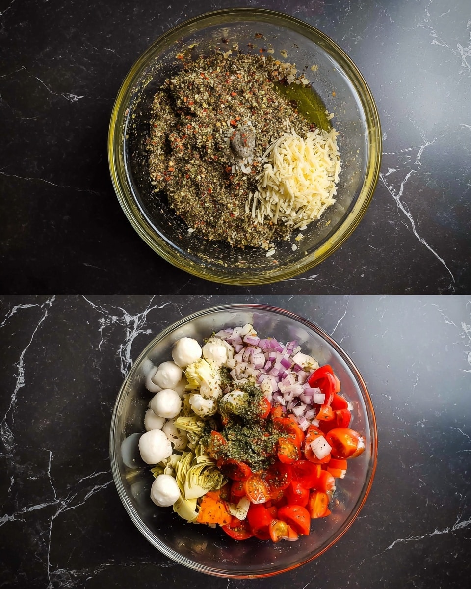 The top image shows a clear bowl with a mix of dry herbs covering most of the base in a dark greenish-brown color, surrounded by a layer of pale yellow grated cheese, light olive oil puddles, and a small center dot of coarse black pepper. The bottom image presents the same clear bowl filled with layers of colorful ingredients: on one side are white round cheese balls, bright green basil leaves, and shiny red cherry tomatoes, next to them a pile of finely chopped light purple onions, bright orange diced bell peppers, and pale yellow artichoke pieces, all topped with a drizzle of the same dark greenish-brown dry herbs seasoning mix. Both bowls sit on a dark surface replaced by a white marbled texture. Photo taken with an iphone --ar 4:5 --v 7