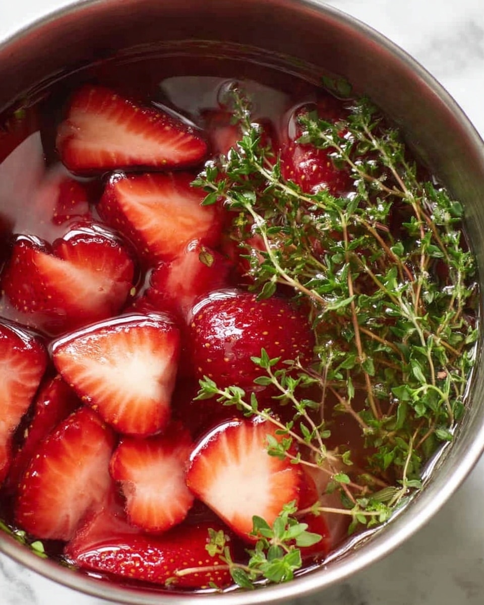 A close-up of a metal bowl filled with clear liquid, floating with bright red sliced strawberries on the left side and fresh green sprigs of thyme on the right side, both partially submerged. The strawberries show their juicy texture with smooth, wet surfaces, while the thyme adds fine leafy details. The background is a white marbled texture. Photo taken with an iphone --ar 4:5 --v 7