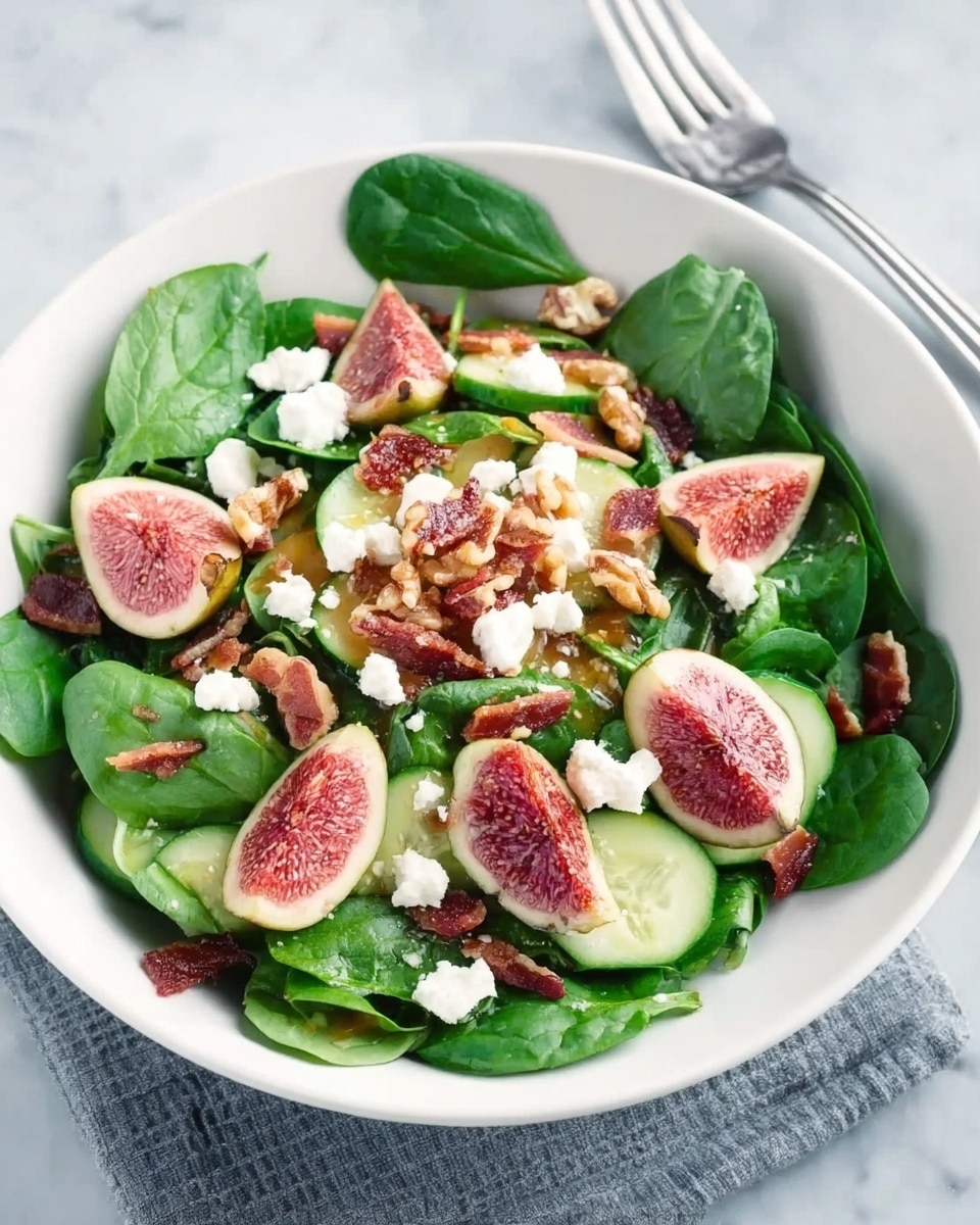 A white bowl filled with fresh green spinach leaves as the base layer, topped with sliced figs showing their pink interiors and soft texture. Bright green cucumber slices with smooth surfaces surround the figs. Crumbled white cheese pieces are scattered over the top, adding a creamy look. Small brown walnut pieces and thin crispy bacon bits add texture and color contrast. The bowl is placed on a white marbled surface with a silver fork nearby. Photo taken with an iphone --ar 4:5 --v 7