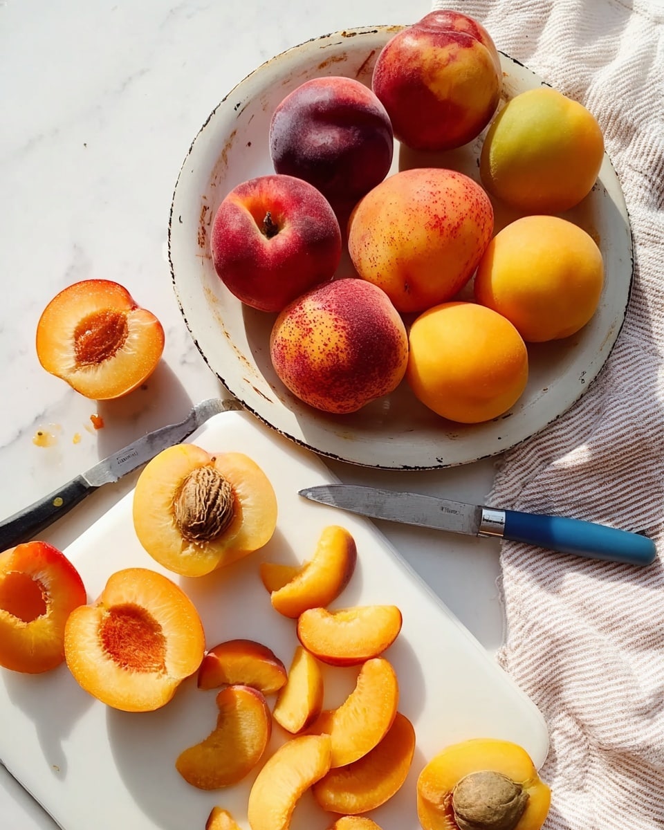 A white, round, slightly worn enamel plate is filled with nine whole stone fruits of varying colors: deep red, yellow-orange, and reddish-yellow with natural spots and textures. Next to the plate, a white rectangular cutting board holds several thin peach and apricot slices and wedges, arranged loosely. Two peach halves with beige pits and three apricot halves with brown pits are placed on and around the cutting board, showing their soft, colorful flesh. A small knife with a blue handle lies across the board, its blade facing the sliced fruit. The background features a white marbled surface, and a part of a soft, striped cloth is visible on the right edge. The bright natural light highlights the ripe, juicy texture of each fruit. photo taken with an iphone --ar 4:5 --v 7