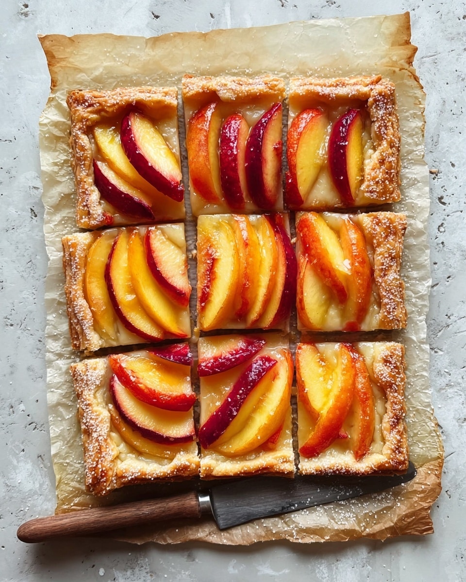 A rectangular pastry tart is sliced into six square pieces, each topped with thin, overlapping slices of red and yellow peaches arranged in a slightly curved pattern. The tart has a golden brown, flaky crust with a slightly raised edge sprinkled with coarse sugar. The fruit layer is glossy and juicy, sitting on a pale creamy base under the fruit. The tart rests on two sheets of crumpled parchment paper over a white marbled surface. A knife with a wooden handle is placed diagonally under the bottom right corner of the tart, its blade peeking out. photo taken with an iphone --ar 4:5 --v 7